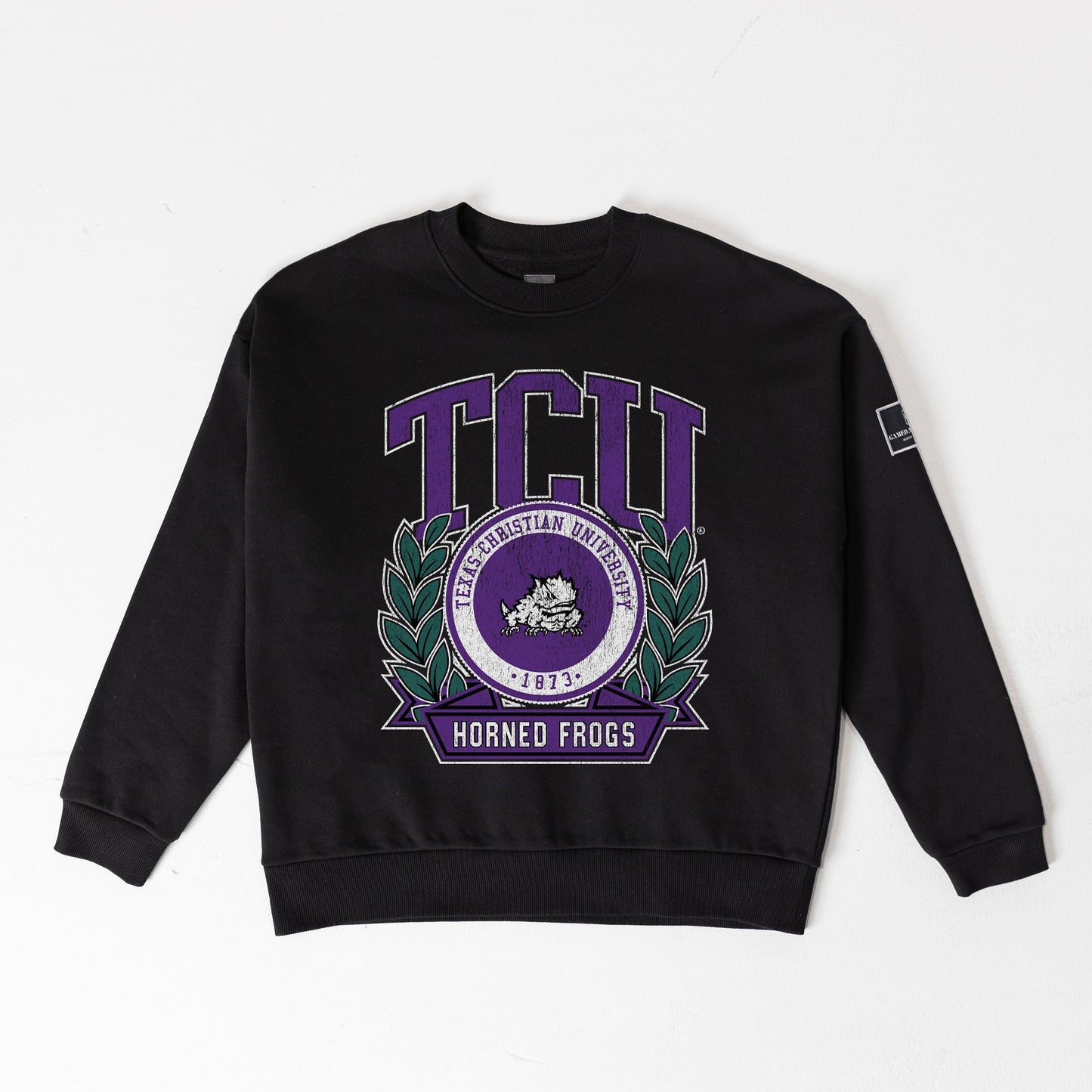 TCU HORNED FROGS VICTORY LANE BLACK LABEL PREMIUM FLEECE DROP SHOULDER CREWNECK