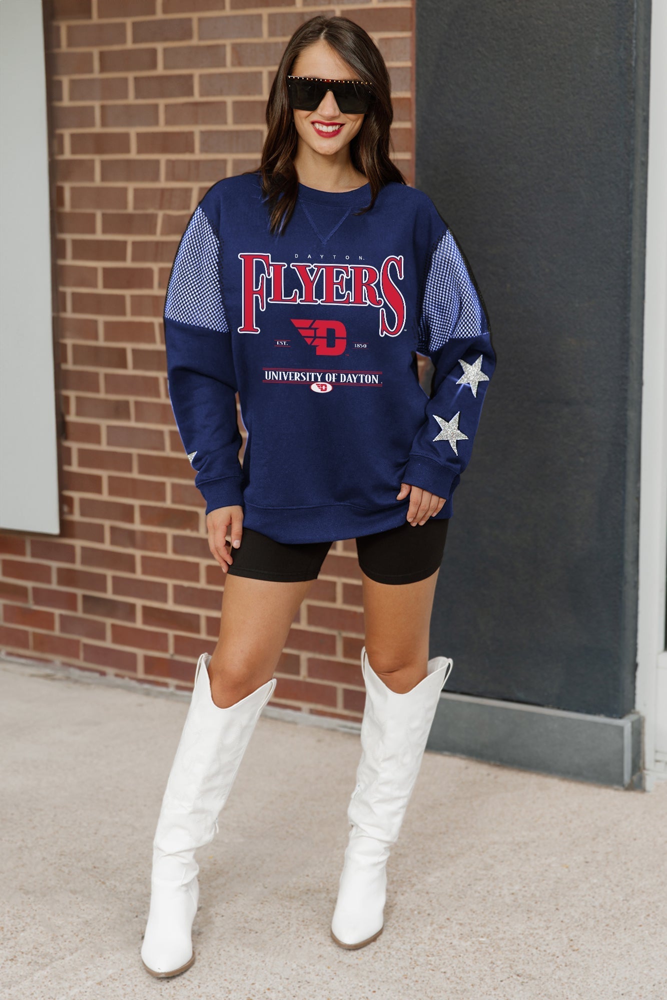 DAYTON FLYERS SHINING SPIRIT CREWNECK FLEECE PULLOVER WITH CONTRASTING JERSEY MESH SHOULDER INSERTS, RHINESTUD STARS, AND RIBBED CUFFS AND WAISTBAND