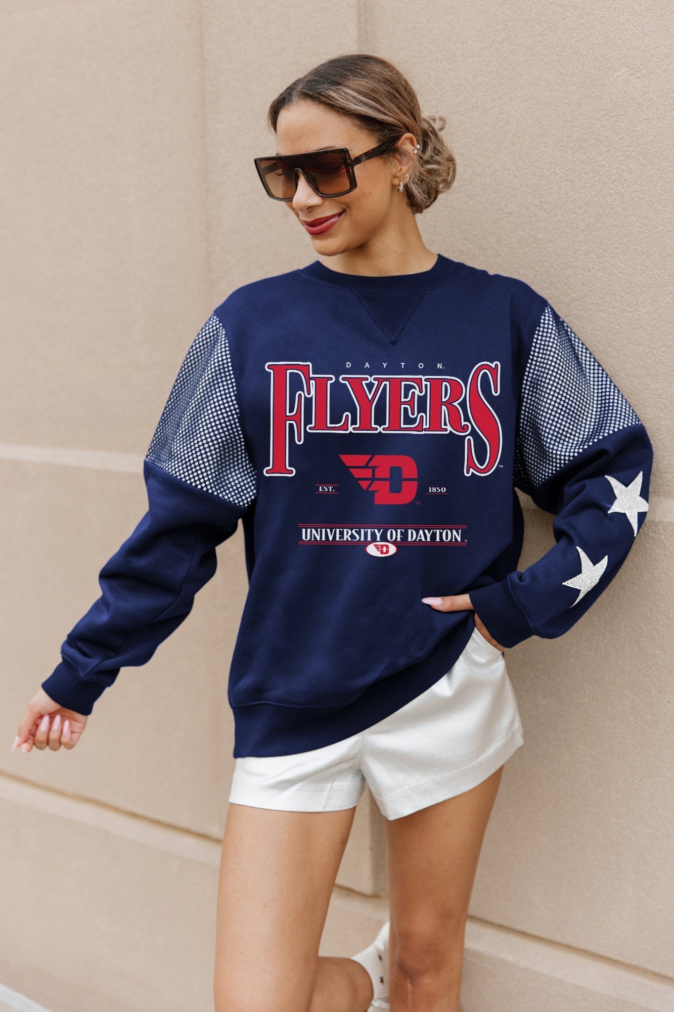 DAYTON FLYERS SHINING SPIRIT CREWNECK FLEECE PULLOVER WITH CONTRASTING JERSEY MESH SHOULDER INSERTS, RHINESTUD STARS, AND RIBBED CUFFS AND WAISTBAND