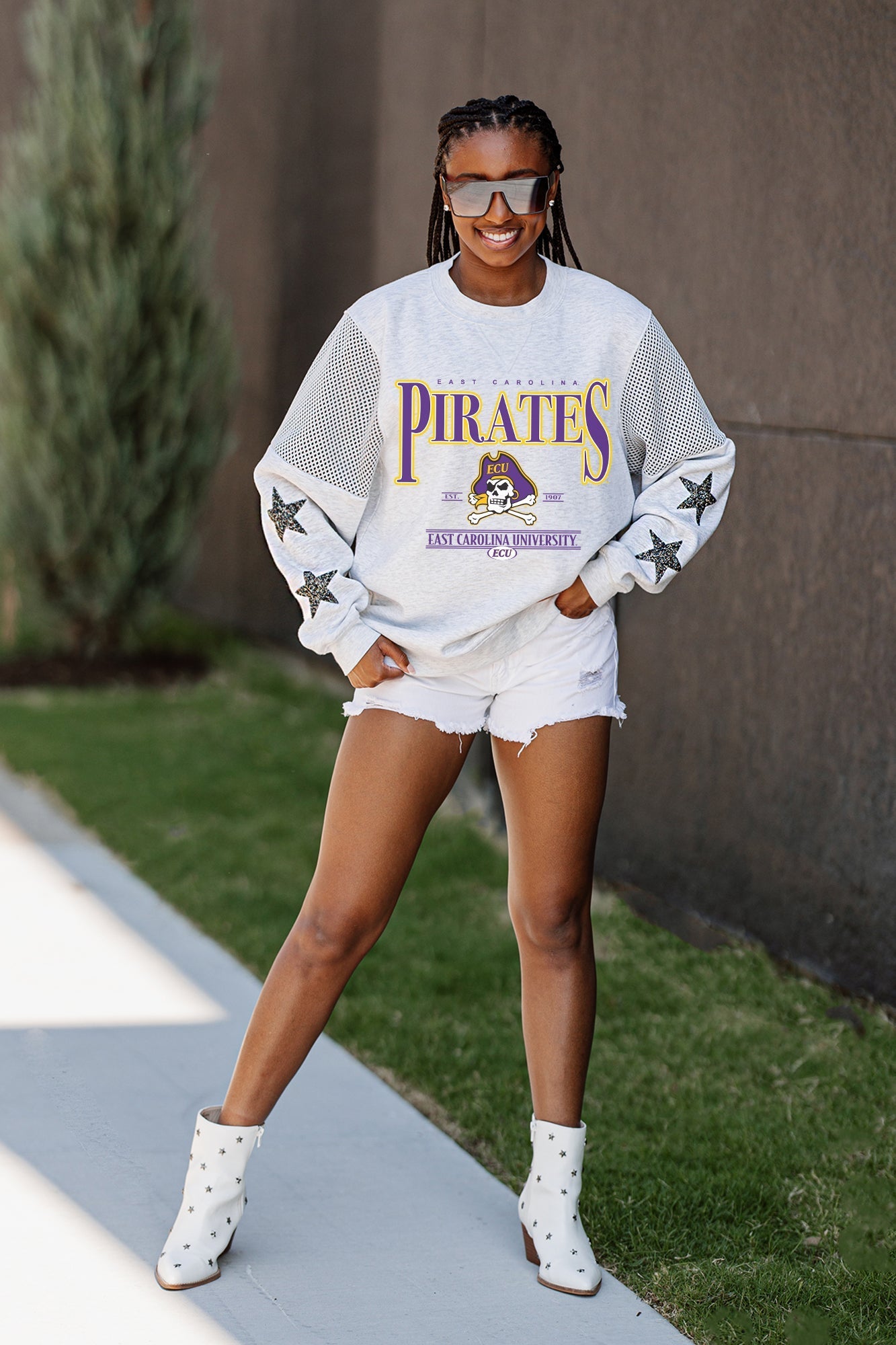 EAST CAROLINA PIRATES SHINING SPIRIT CREWNECK FLEECE PULLOVER WITH CONTRASTING JERSEY MESH SHOULDER INSERTS, RHINESTUD STARS, AND RIBBED CUFFS AND WAISTBAND