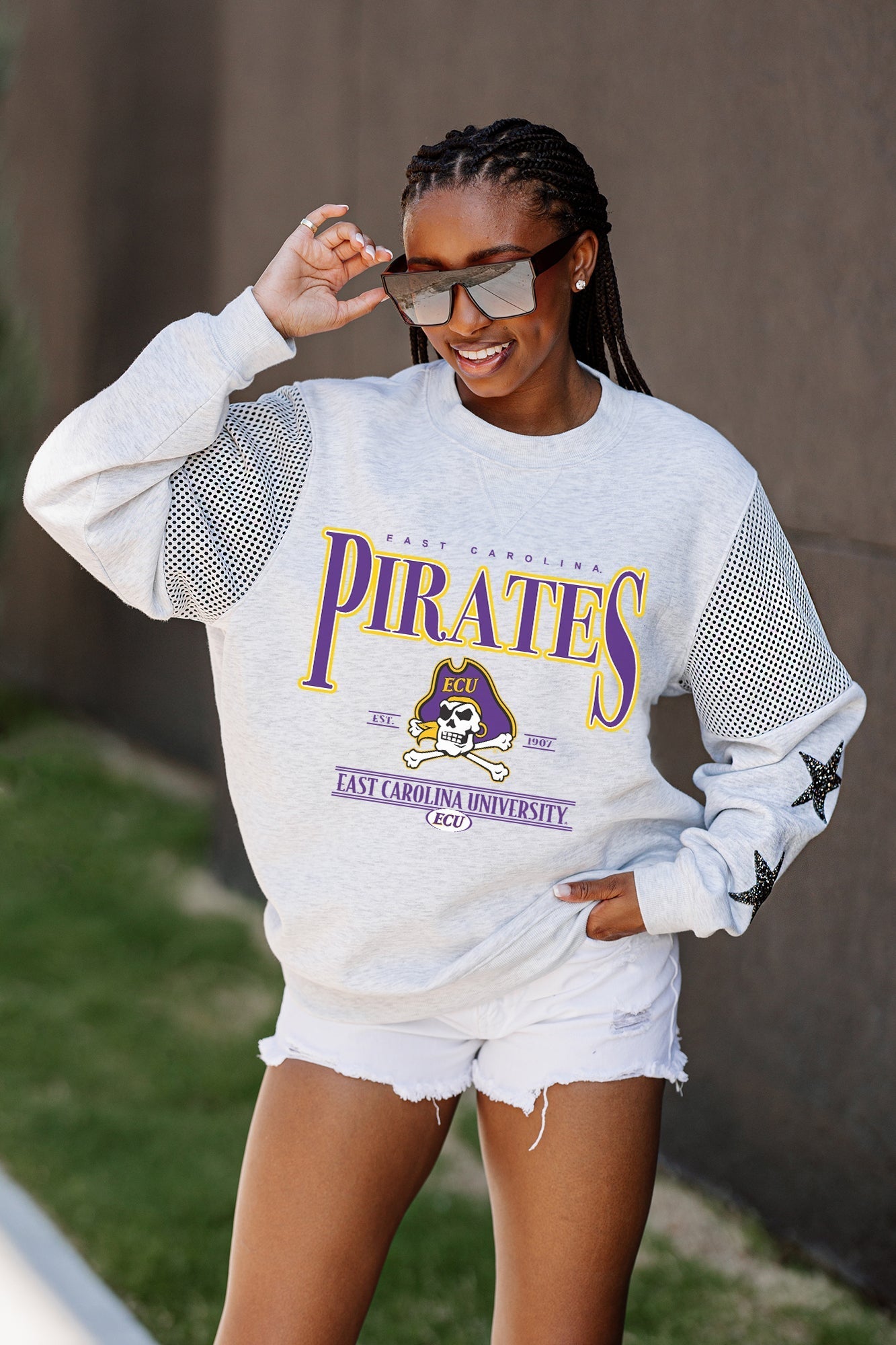 EAST CAROLINA PIRATES SHINING SPIRIT CREWNECK FLEECE PULLOVER WITH CONTRASTING JERSEY MESH SHOULDER INSERTS, RHINESTUD STARS, AND RIBBED CUFFS AND WAISTBAND
