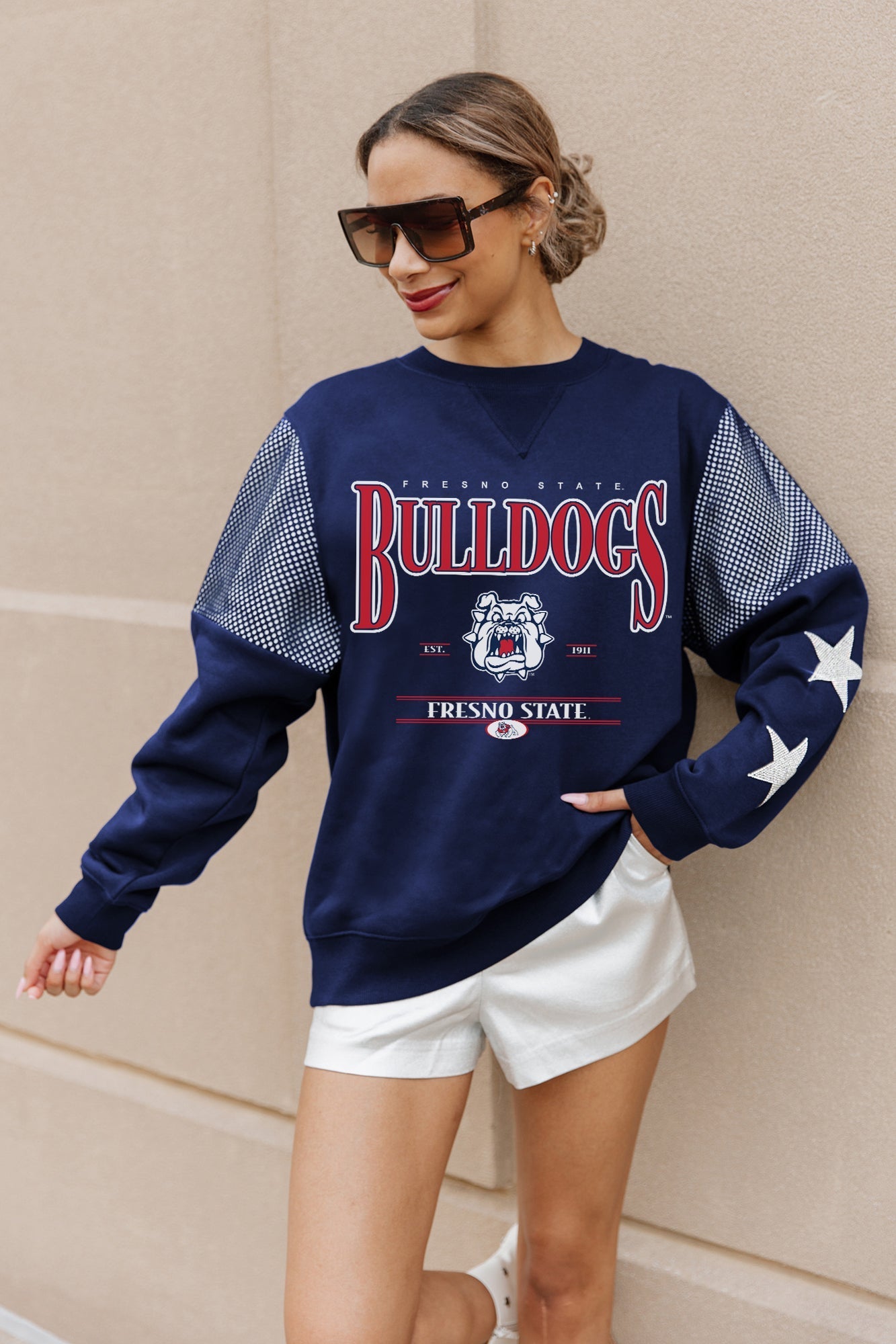 FRESNO STATE BULLDOGS SHINING SPIRIT CREWNECK FLEECE PULLOVER WITH CONTRASTING JERSEY MESH SHOULDER INSERTS, RHINESTUD STARS, AND RIBBED CUFFS AND WAISTBAND