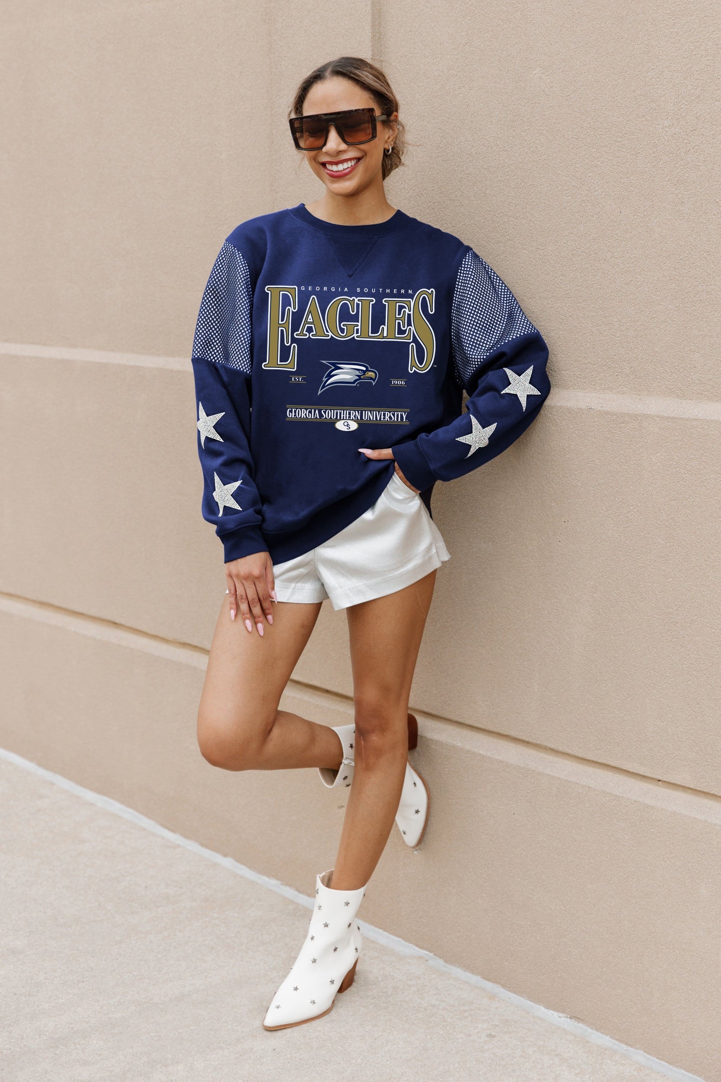 GEORGIA SOUTHERN EAGLES SHINING SPIRIT CREWNECK FLEECE PULLOVER WITH CONTRASTING JERSEY MESH SHOULDER INSERTS, RHINESTUD STARS, AND RIBBED CUFFS AND WAISTBAND