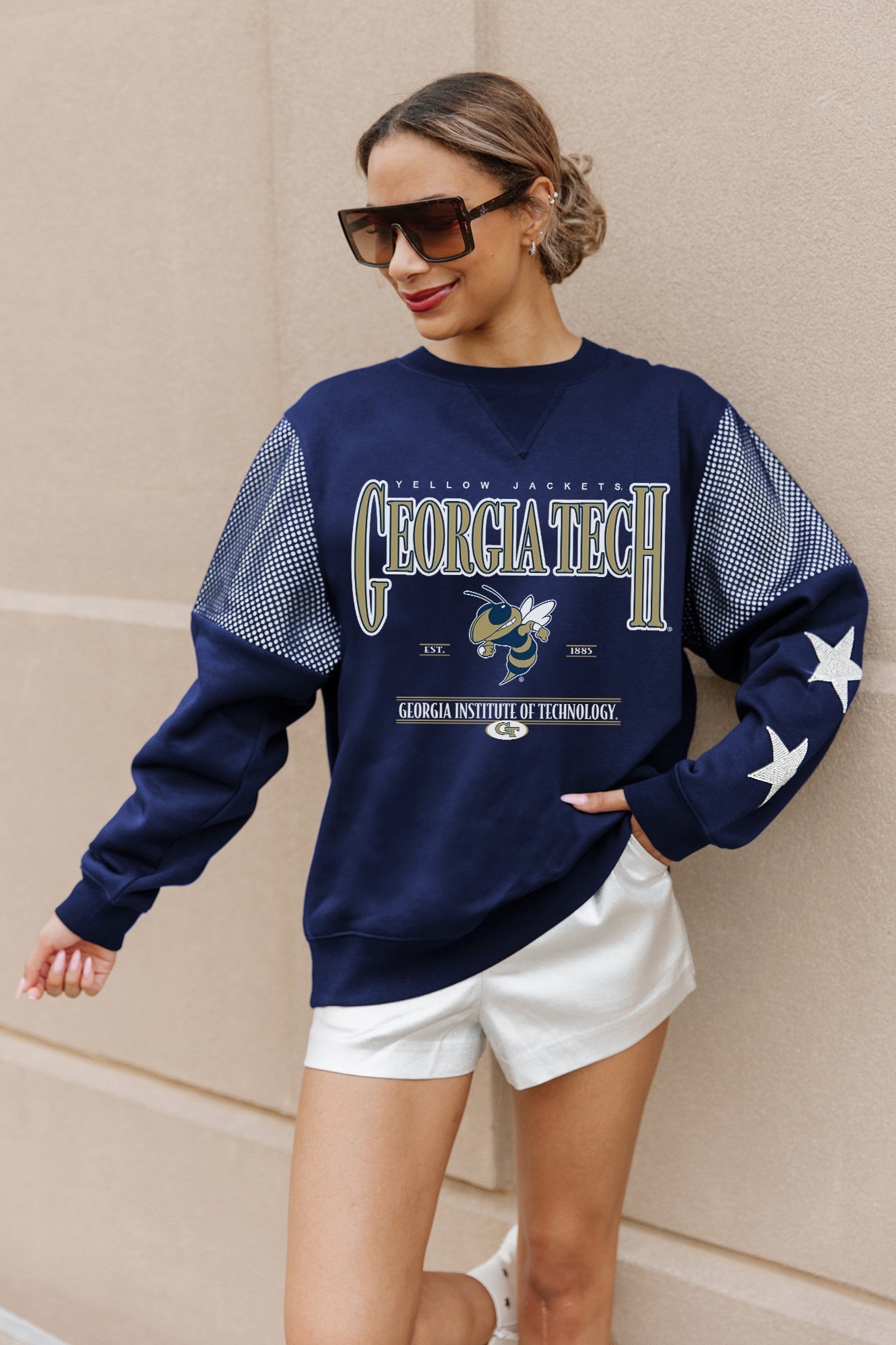 GEORGIA TECH YELLOW JACKETS SHINING SPIRIT CREWNECK FLEECE PULLOVER WITH CONTRASTING JERSEY MESH SHOULDER INSERTS, RHINESTUD STARS, AND RIBBED CUFFS AND WAISTBAND