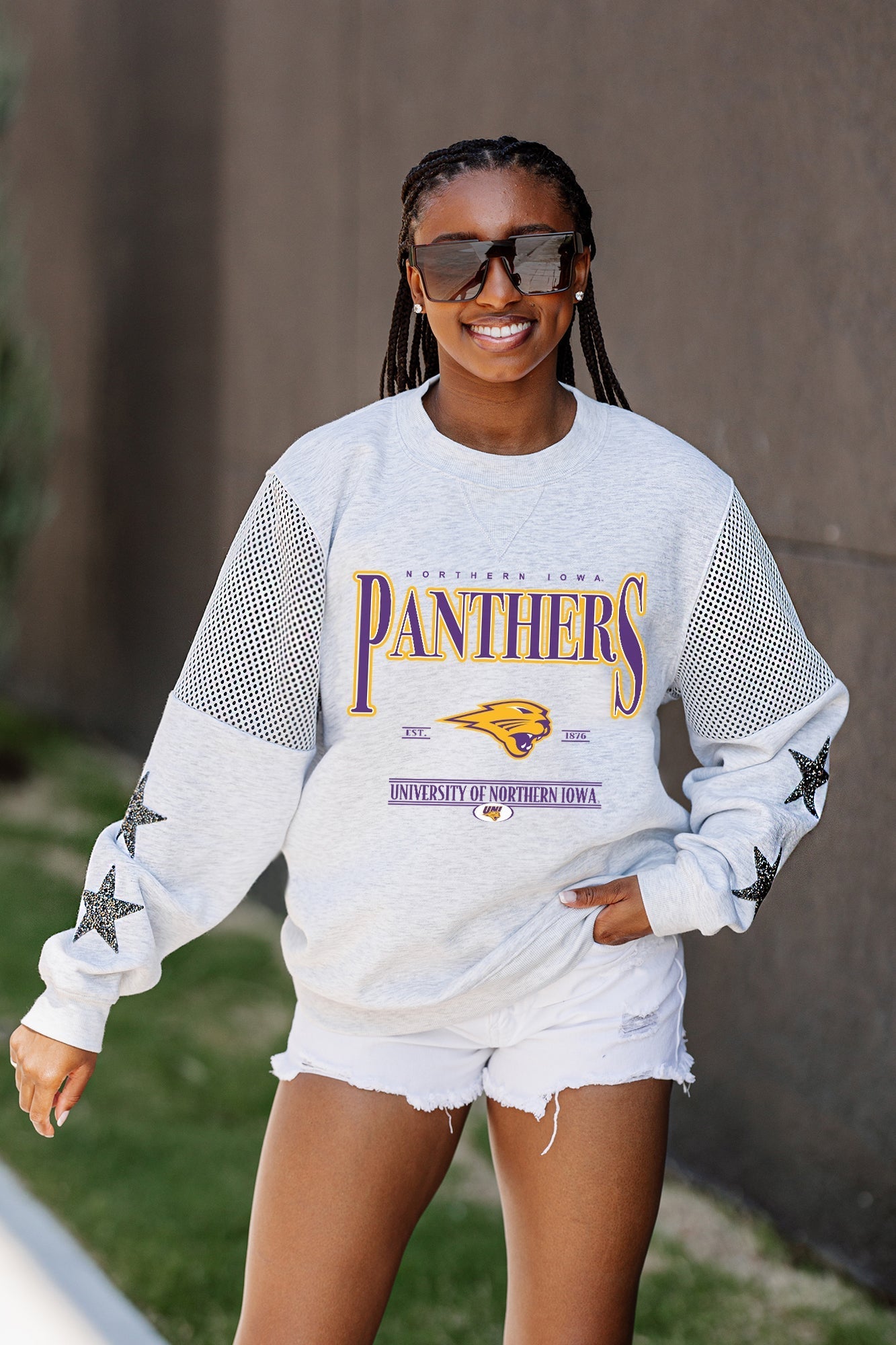 NORTHERN IOWA PANTHERS SHINING SPIRIT CREWNECK FLEECE PULLOVER WITH CONTRASTING JERSEY MESH SHOULDER INSERTS, RHINESTUD STARS, AND RIBBED CUFFS AND WAISTBAND