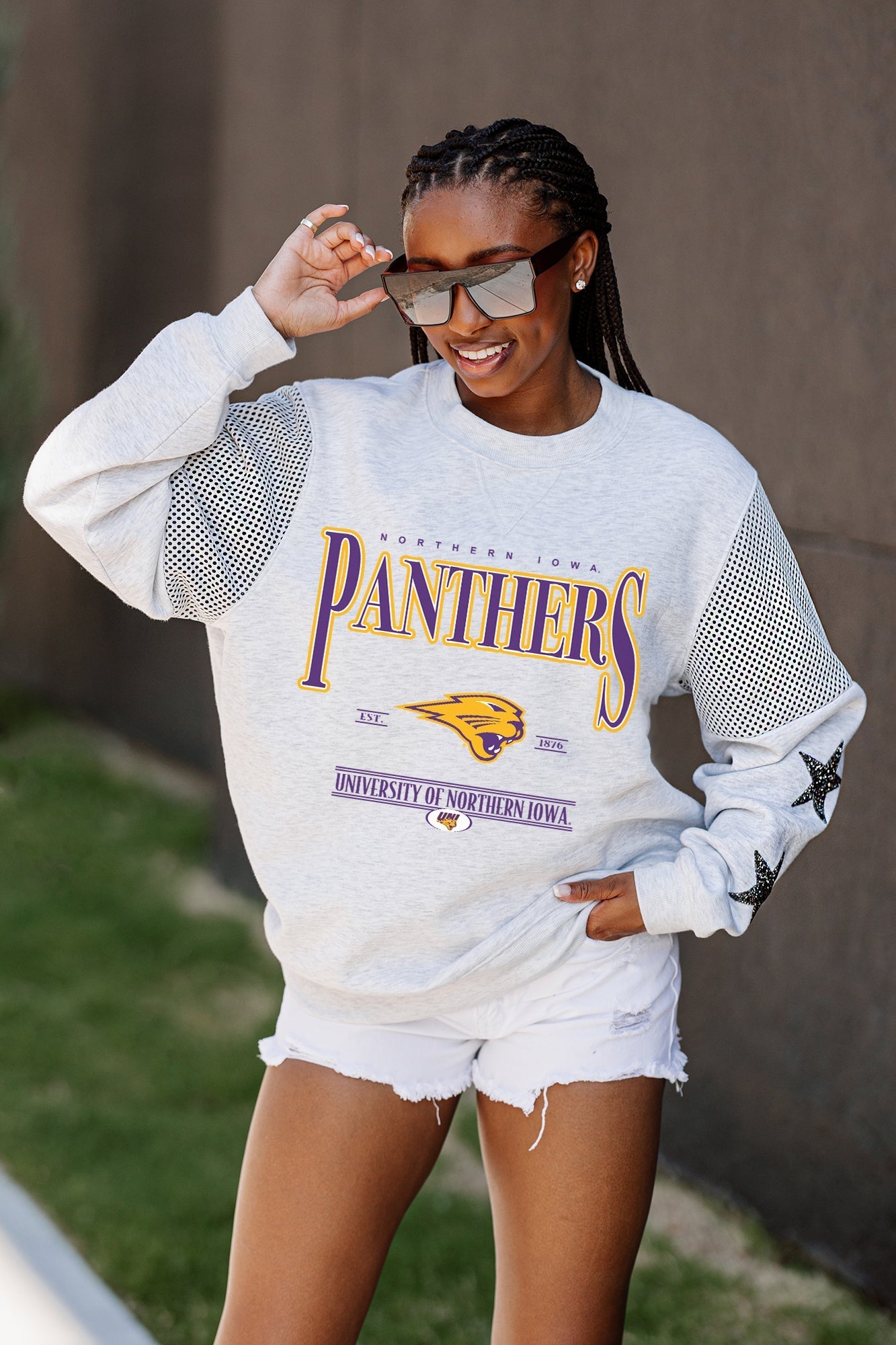 NORTHERN IOWA PANTHERS SHINING SPIRIT CREWNECK FLEECE PULLOVER WITH CONTRASTING JERSEY MESH SHOULDER INSERTS, RHINESTUD STARS, AND RIBBED CUFFS AND WAISTBAND