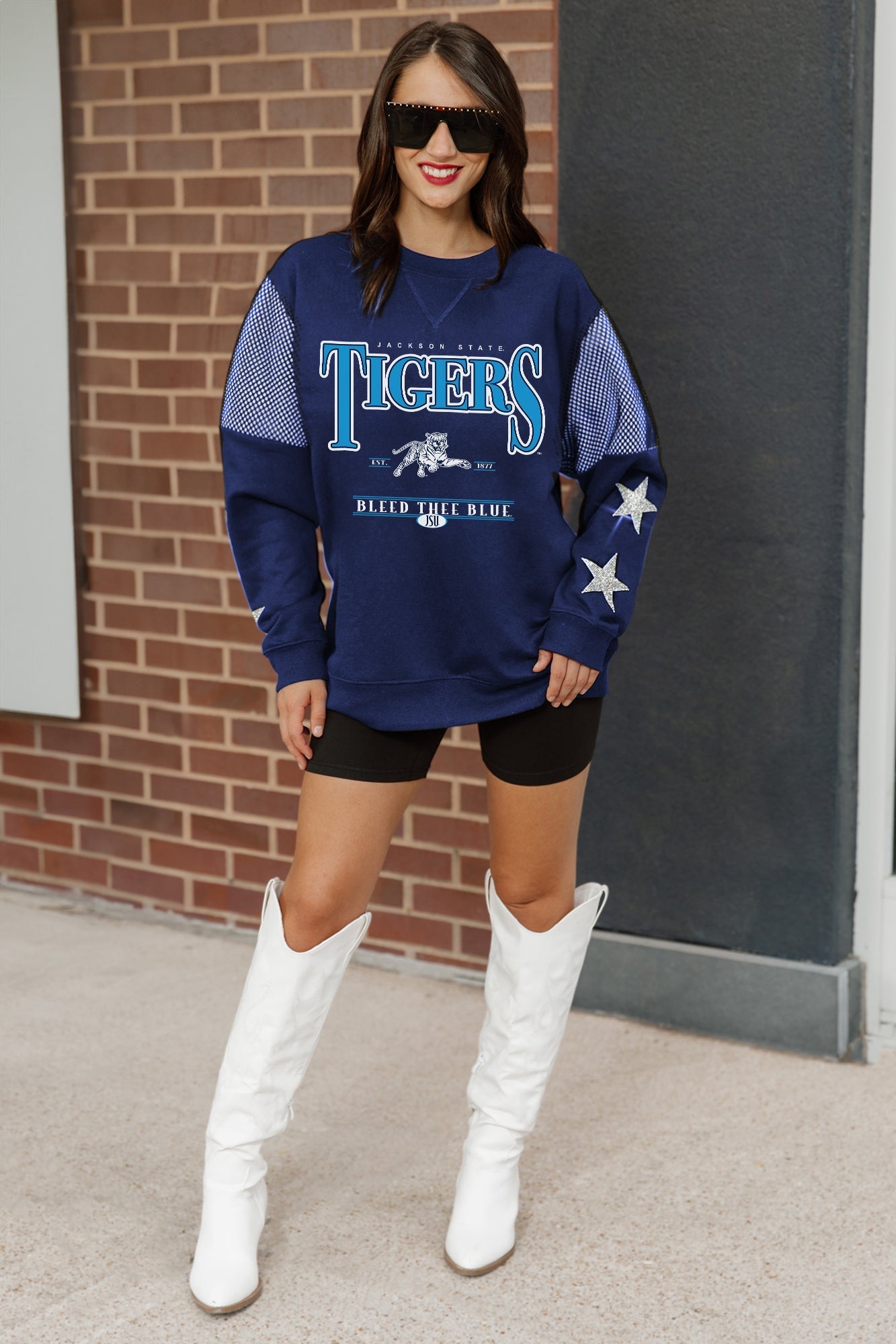 JACKSON STATE TIGERS SHINING SPIRIT CREWNECK FLEECE PULLOVER WITH CONTRASTING JERSEY MESH SHOULDER INSERTS, RHINESTUD STARS, AND RIBBED CUFFS AND WAISTBAND
