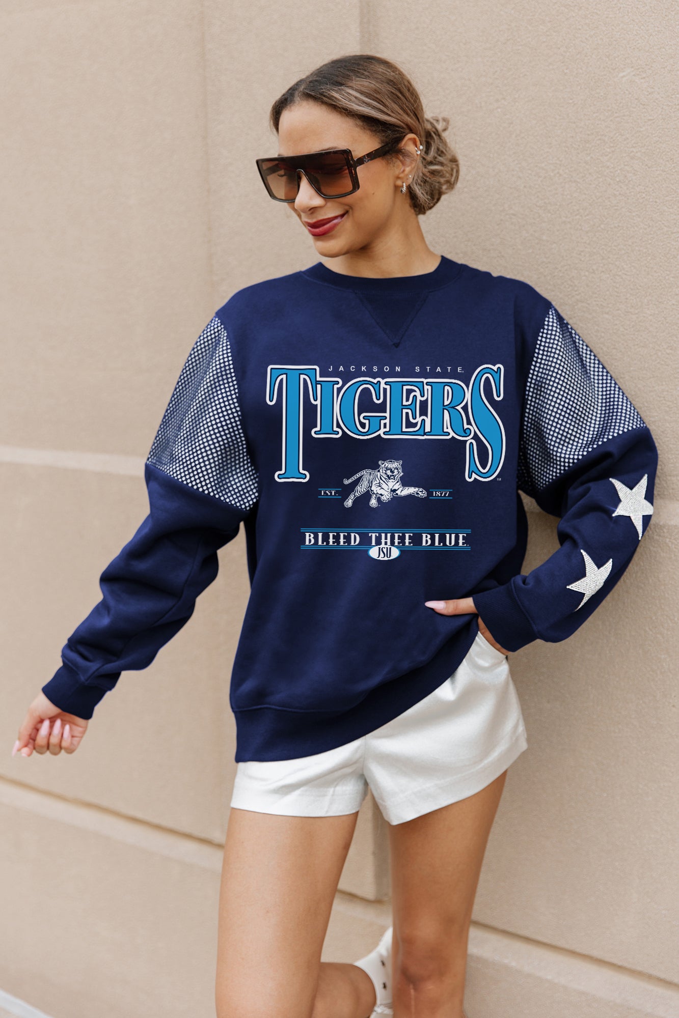 JACKSON STATE TIGERS SHINING SPIRIT CREWNECK FLEECE PULLOVER WITH CONTRASTING JERSEY MESH SHOULDER INSERTS, RHINESTUD STARS, AND RIBBED CUFFS AND WAISTBAND