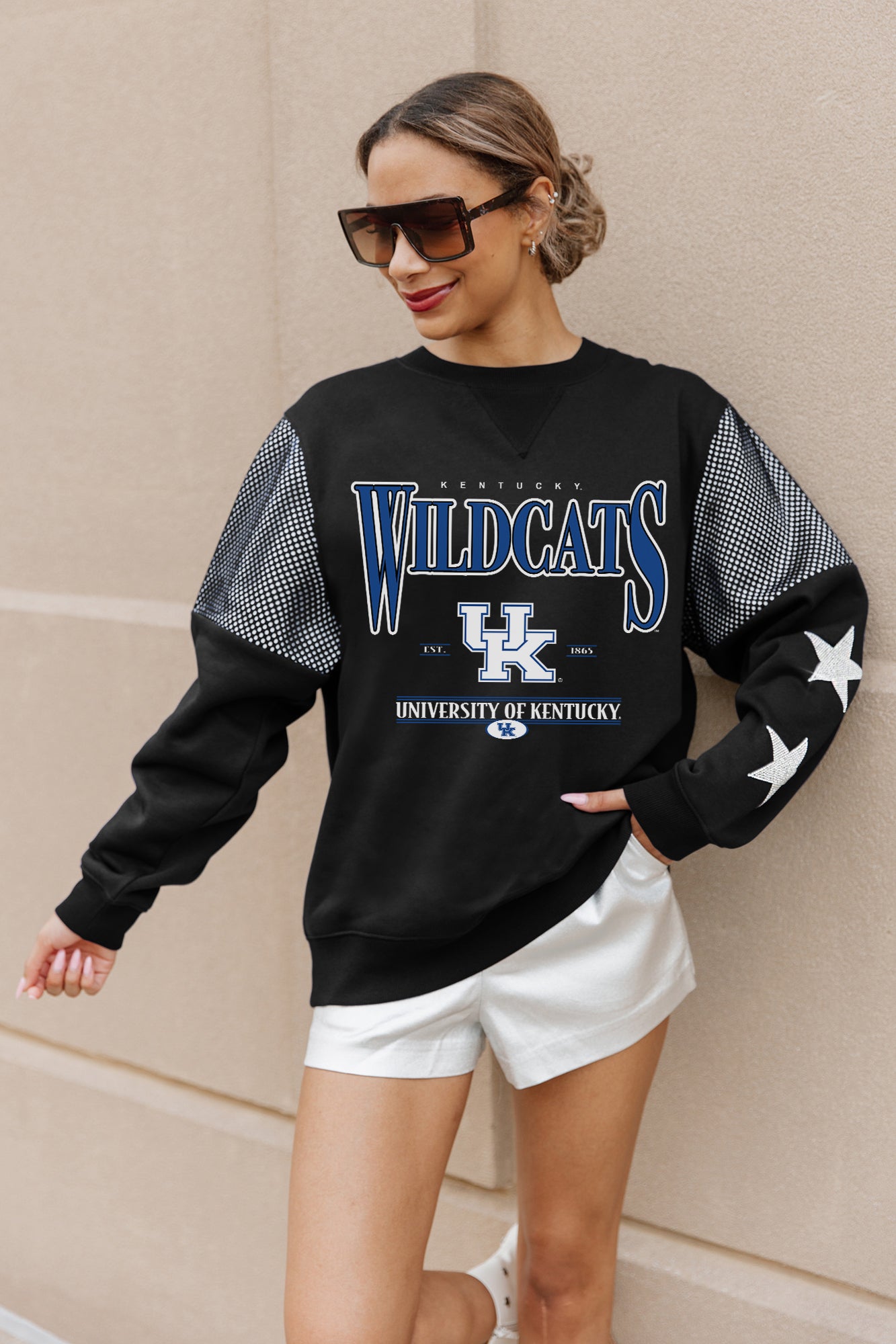 KENTUCKY WILDCATS SHINING SPIRIT CREWNECK FLEECE PULLOVER WITH CONTRASTING JERSEY MESH SHOULDER INSERTS, RHINESTUD STARS, AND RIBBED CUFFS AND WAISTBAND