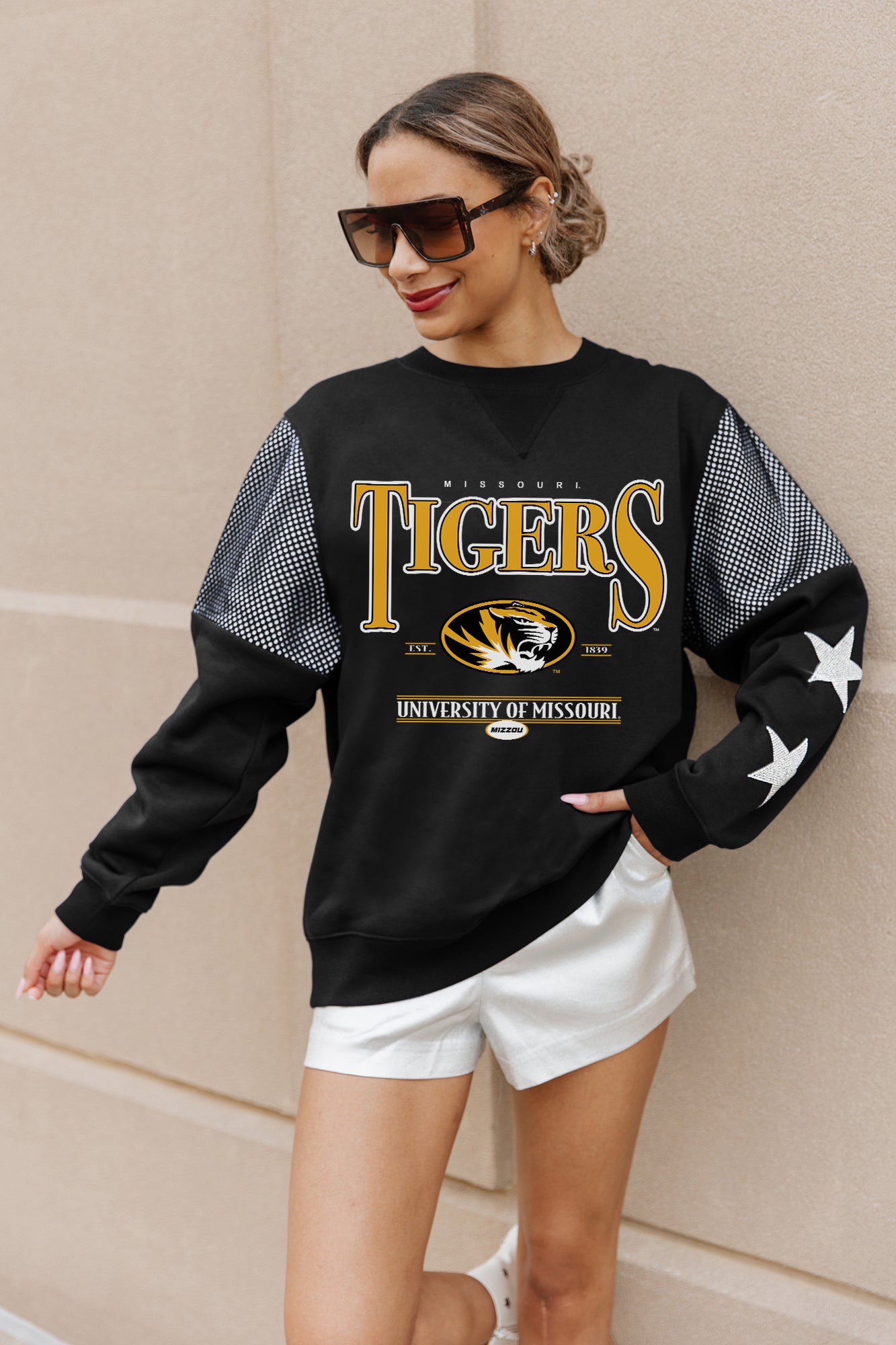 MISSOURI TIGERS SHINING SPIRIT CREWNECK FLEECE PULLOVER WITH CONTRASTING JERSEY MESH SHOULDER INSERTS, RHINESTUD STARS, AND RIBBED CUFFS AND WAISTBAND