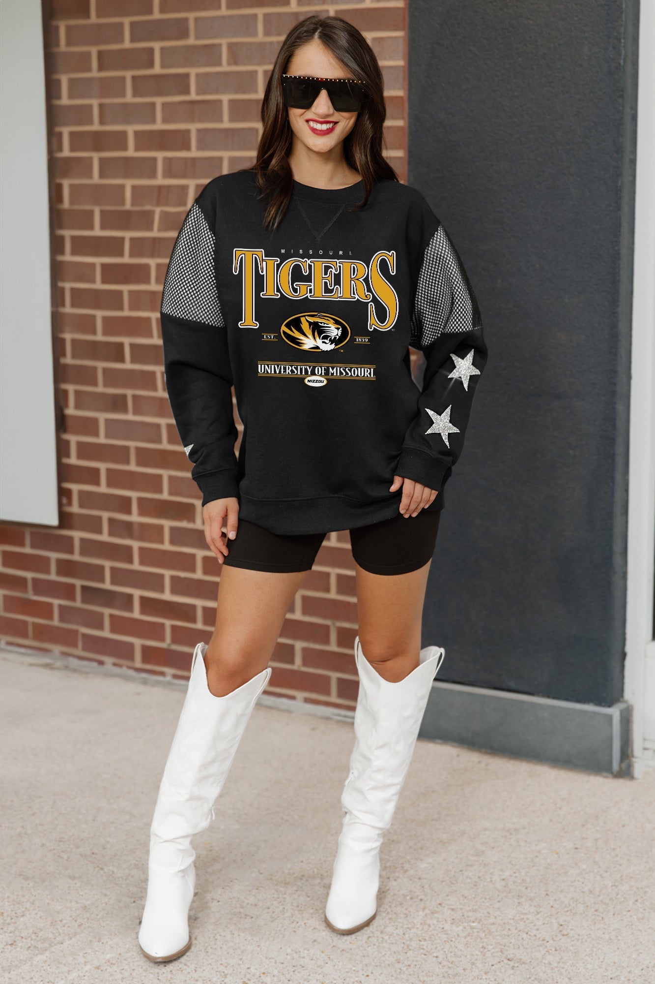 MISSOURI TIGERS SHINING SPIRIT CREWNECK FLEECE PULLOVER WITH CONTRASTING JERSEY MESH SHOULDER INSERTS, RHINESTUD STARS, AND RIBBED CUFFS AND WAISTBAND