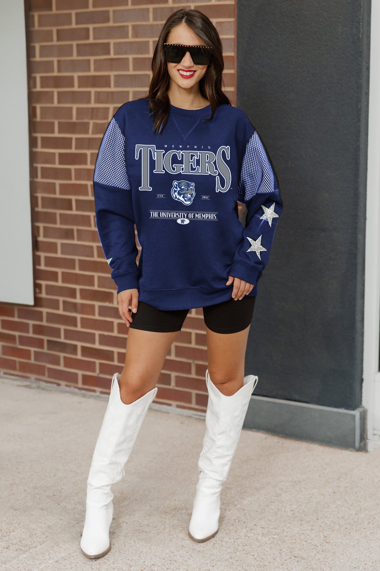 MEMPHIS TIGERS SHINING SPIRIT CREWNECK FLEECE PULLOVER WITH CONTRASTING JERSEY MESH SHOULDER INSERTS, RHINESTUD STARS, AND RIBBED CUFFS AND WAISTBAND
