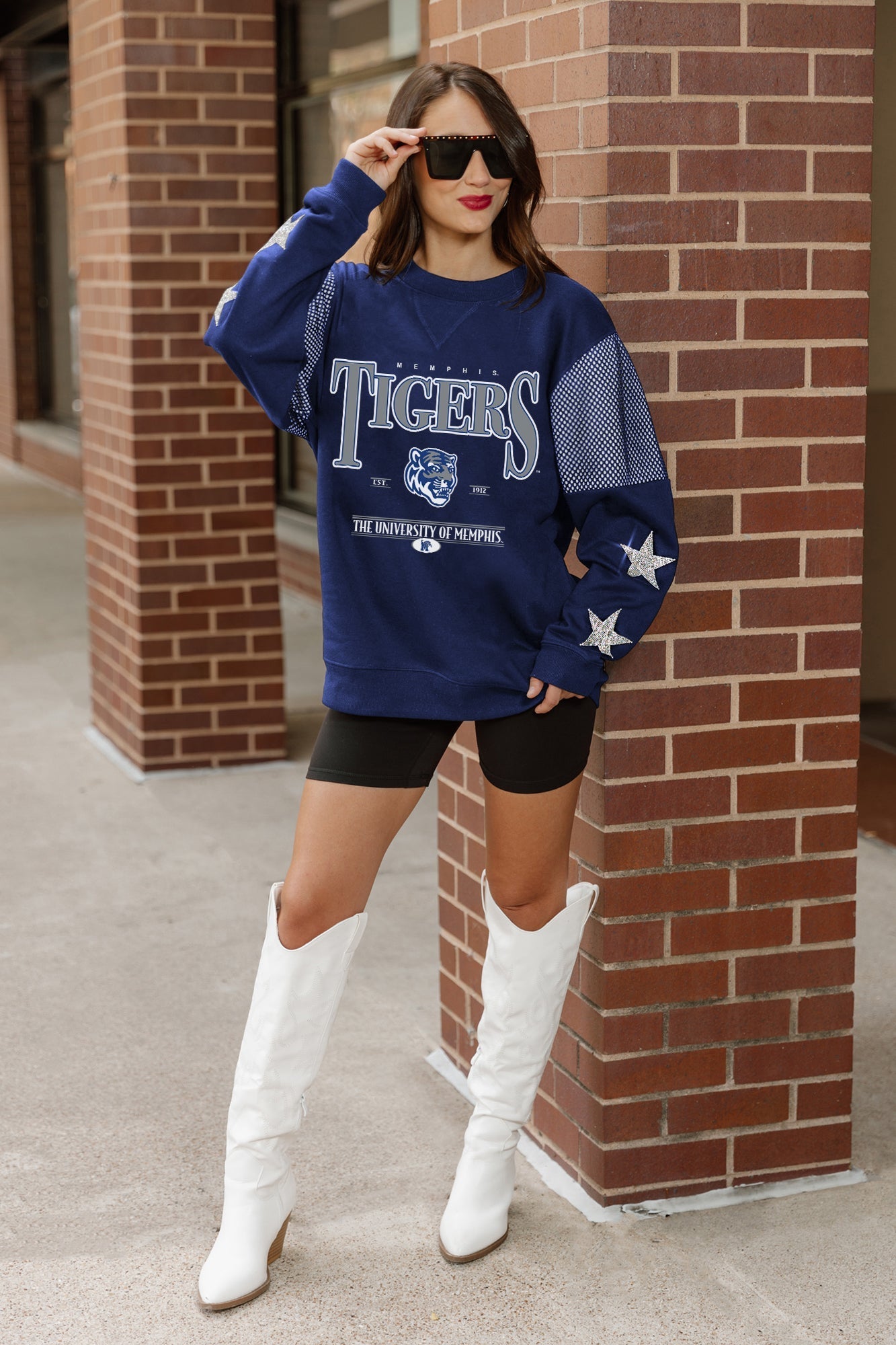 MEMPHIS TIGERS SHINING SPIRIT CREWNECK FLEECE PULLOVER WITH CONTRASTING JERSEY MESH SHOULDER INSERTS, RHINESTUD STARS, AND RIBBED CUFFS AND WAISTBAND