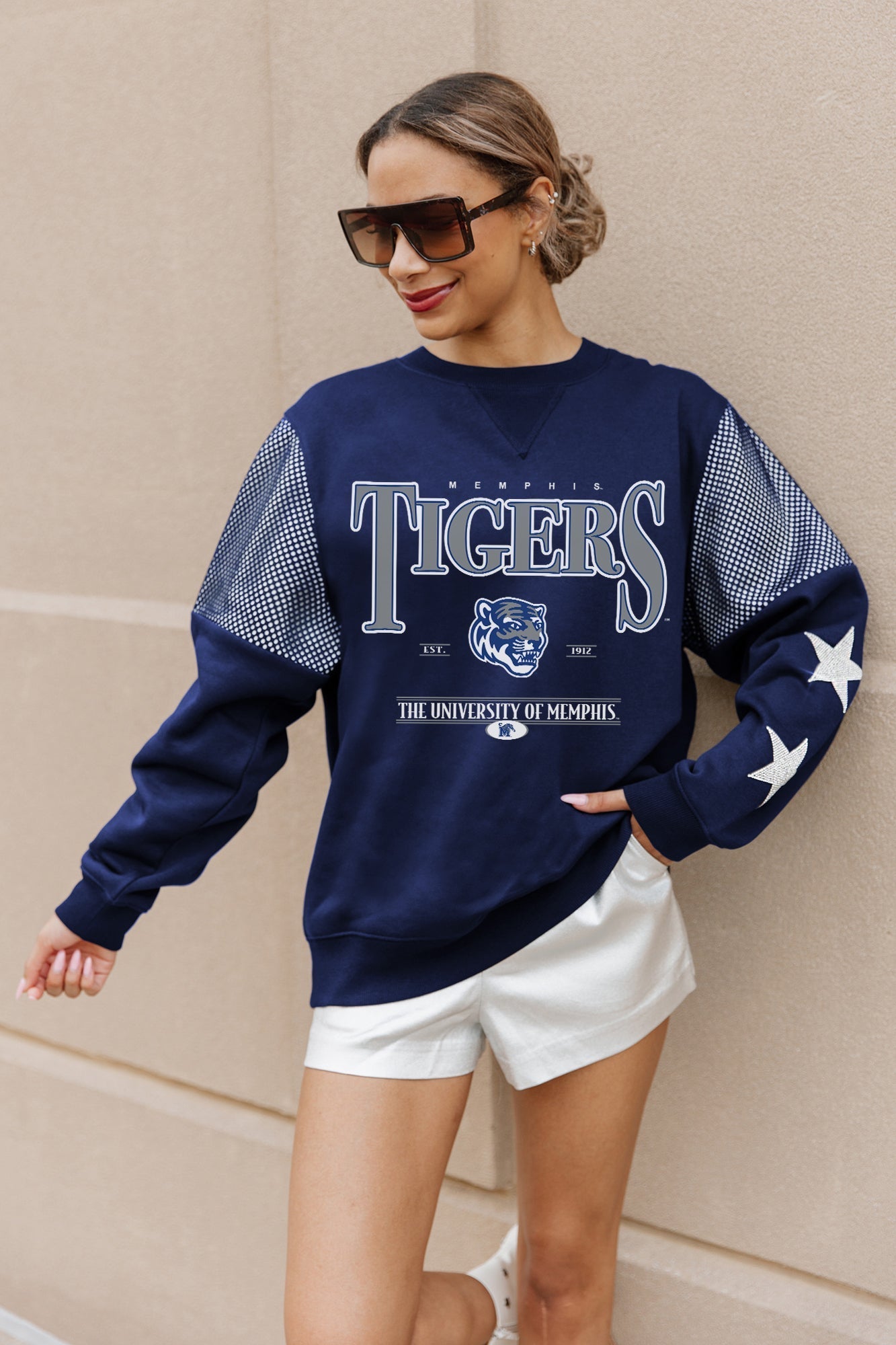 MEMPHIS TIGERS SHINING SPIRIT CREWNECK FLEECE PULLOVER WITH CONTRASTING JERSEY MESH SHOULDER INSERTS, RHINESTUD STARS, AND RIBBED CUFFS AND WAISTBAND