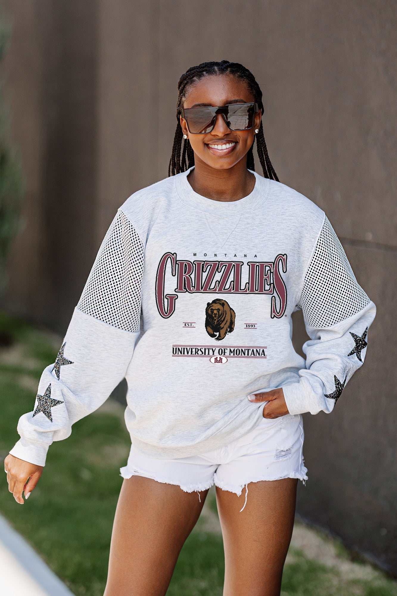 MONTANA GRIZZLIES SHINING SPIRIT CREWNECK FLEECE PULLOVER WITH CONTRASTING JERSEY MESH SHOULDER INSERTS, RHINESTUD STARS, AND RIBBED CUFFS AND WAISTBAND