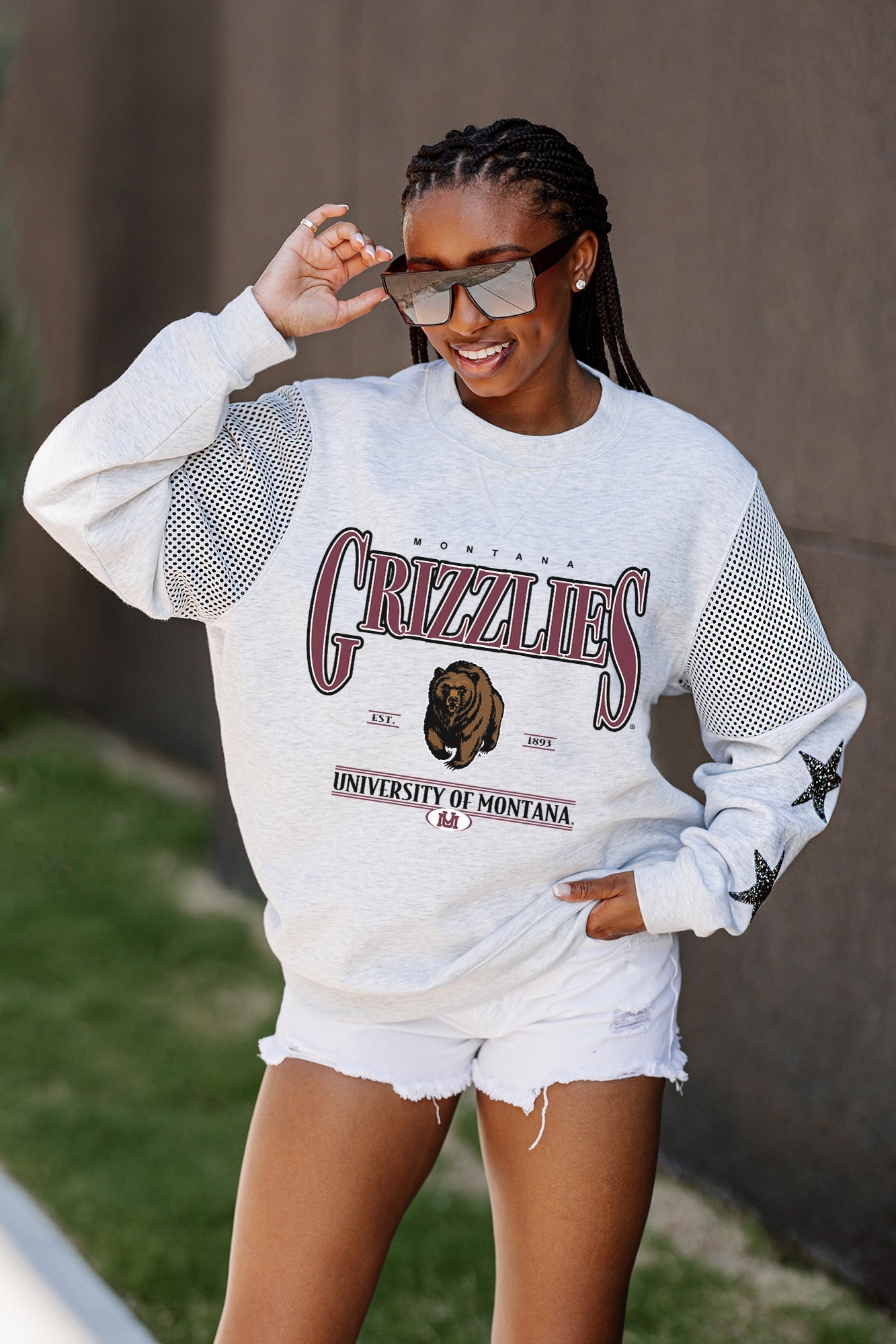 MONTANA GRIZZLIES SHINING SPIRIT CREWNECK FLEECE PULLOVER WITH CONTRASTING JERSEY MESH SHOULDER INSERTS, RHINESTUD STARS, AND RIBBED CUFFS AND WAISTBAND
