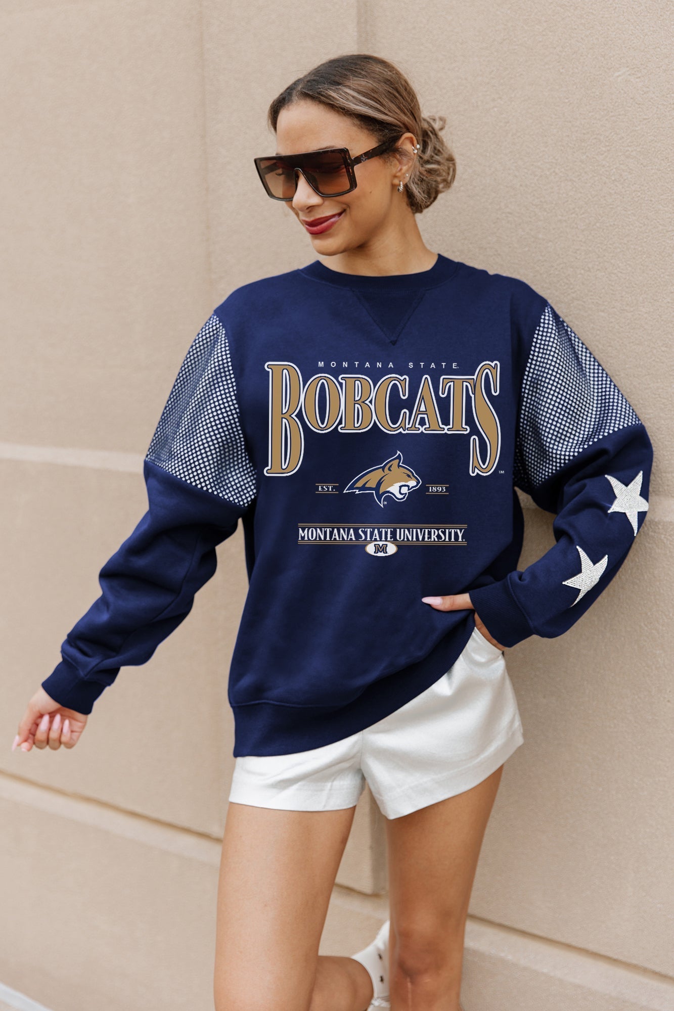 MONTANA STATE BOBCATS SHINING SPIRIT CREWNECK FLEECE PULLOVER WITH CONTRASTING JERSEY MESH SHOULDER INSERTS, RHINESTUD STARS, AND RIBBED CUFFS AND WAISTBAND