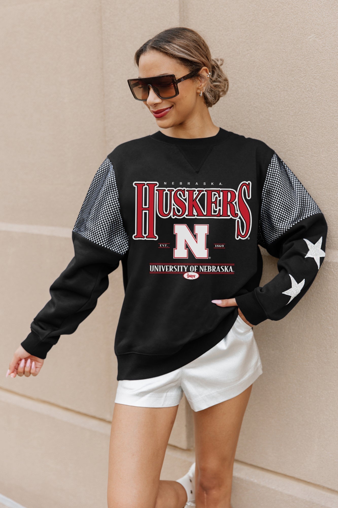 NEBRASKA CORNHUSKERS SHINING SPIRIT CREWNECK FLEECE PULLOVER WITH CONTRASTING JERSEY MESH SHOULDER INSERTS, RHINESTUD STARS, AND RIBBED CUFFS AND WAISTBAND