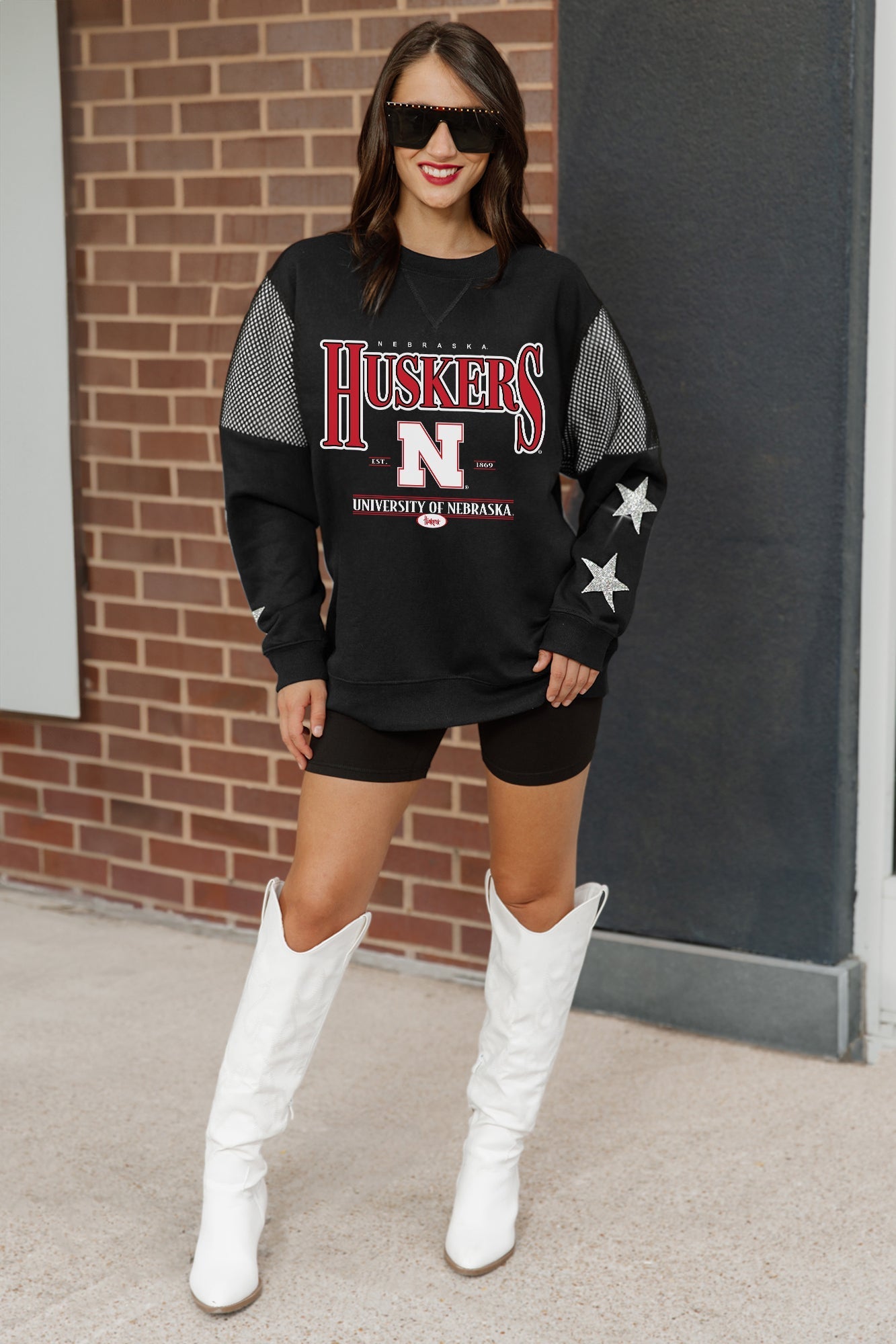 NEBRASKA CORNHUSKERS SHINING SPIRIT CREWNECK FLEECE PULLOVER WITH CONTRASTING JERSEY MESH SHOULDER INSERTS, RHINESTUD STARS, AND RIBBED CUFFS AND WAISTBAND