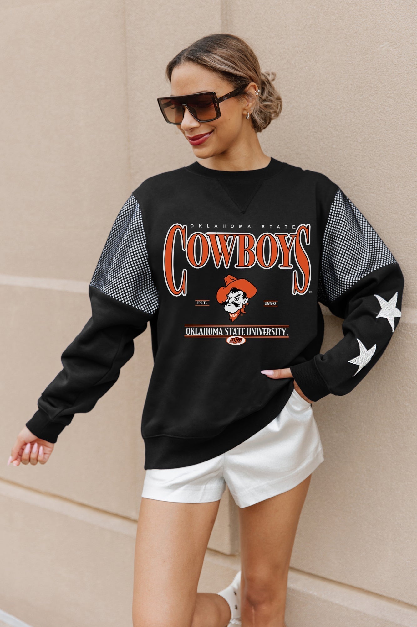 OKLAHOMA STATE COWBOYS SHINING SPIRIT CREWNECK FLEECE PULLOVER WITH CONTRASTING JERSEY MESH SHOULDER INSERTS, RHINESTUD STARS, AND RIBBED CUFFS AND WAISTBAND