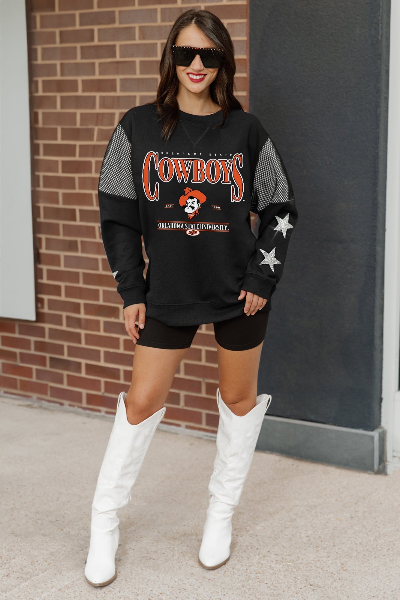 OKLAHOMA STATE COWBOYS SHINING SPIRIT CREWNECK FLEECE PULLOVER WITH CONTRASTING JERSEY MESH SHOULDER INSERTS, RHINESTUD STARS, AND RIBBED CUFFS AND WAISTBAND