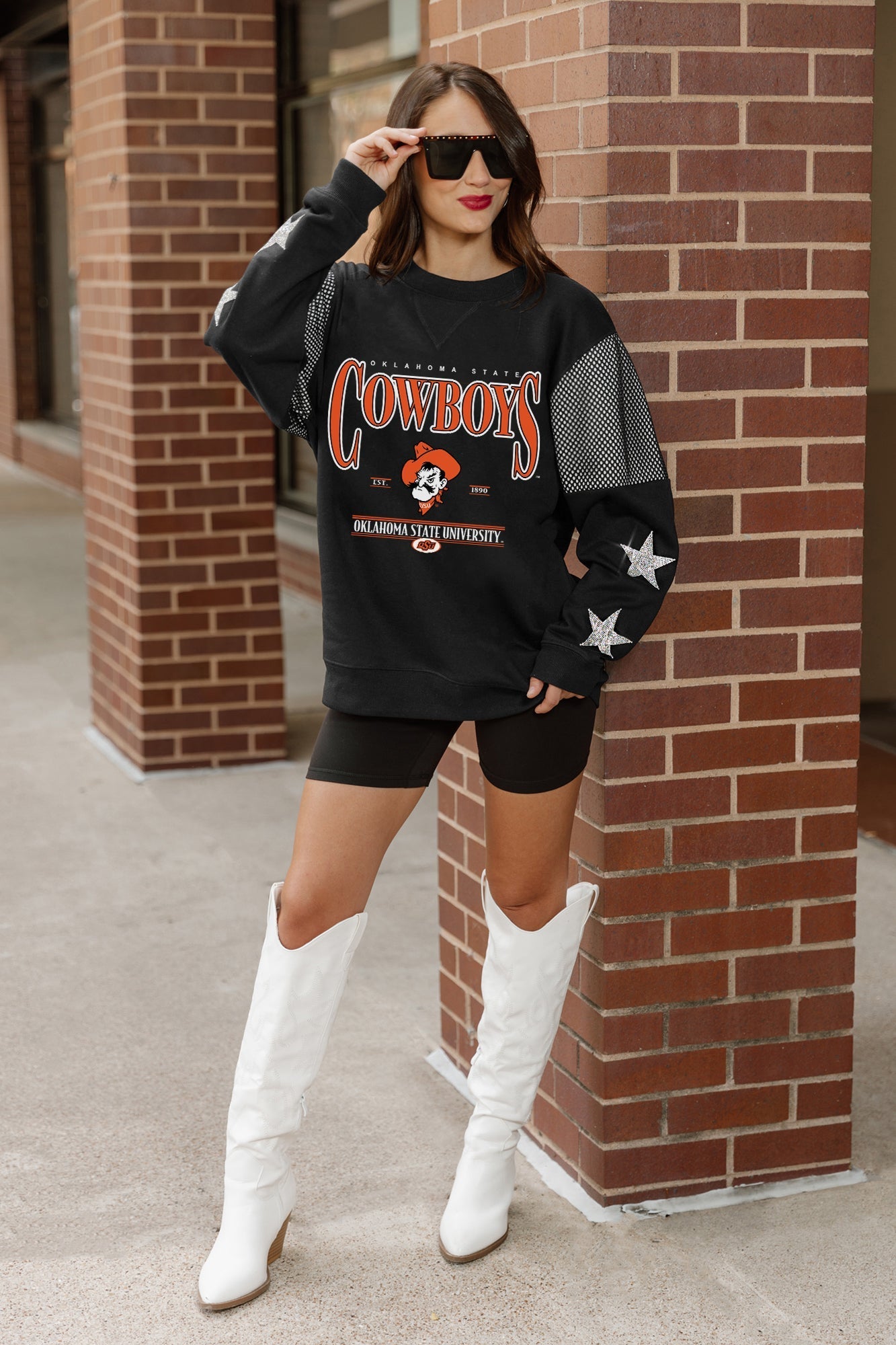 OKLAHOMA STATE COWBOYS SHINING SPIRIT CREWNECK FLEECE PULLOVER WITH CONTRASTING JERSEY MESH SHOULDER INSERTS, RHINESTUD STARS, AND RIBBED CUFFS AND WAISTBAND