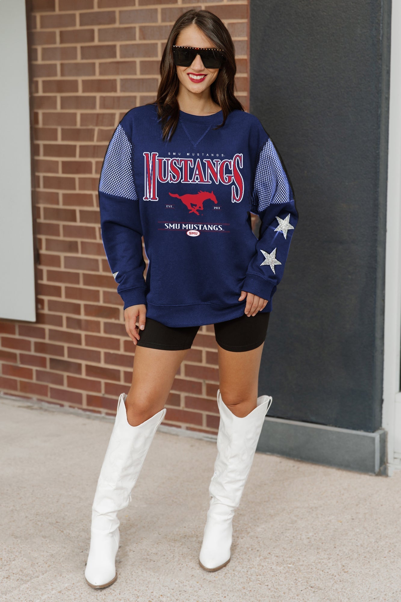 SMU MUSTANGS SHINING SPIRIT CREWNECK FLEECE PULLOVER WITH CONTRASTING JERSEY MESH SHOULDER INSERTS, RHINESTUD STARS, AND RIBBED CUFFS AND WAISTBAND