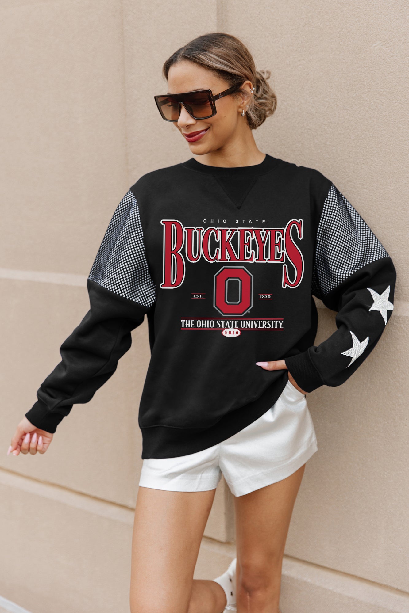 OHIO STATE BUCKEYES SHINING SPIRIT CREWNECK FLEECE PULLOVER WITH CONTRASTING JERSEY MESH SHOULDER INSERTS, RHINESTUD STARS, AND RIBBED CUFFS AND WAISTBAND