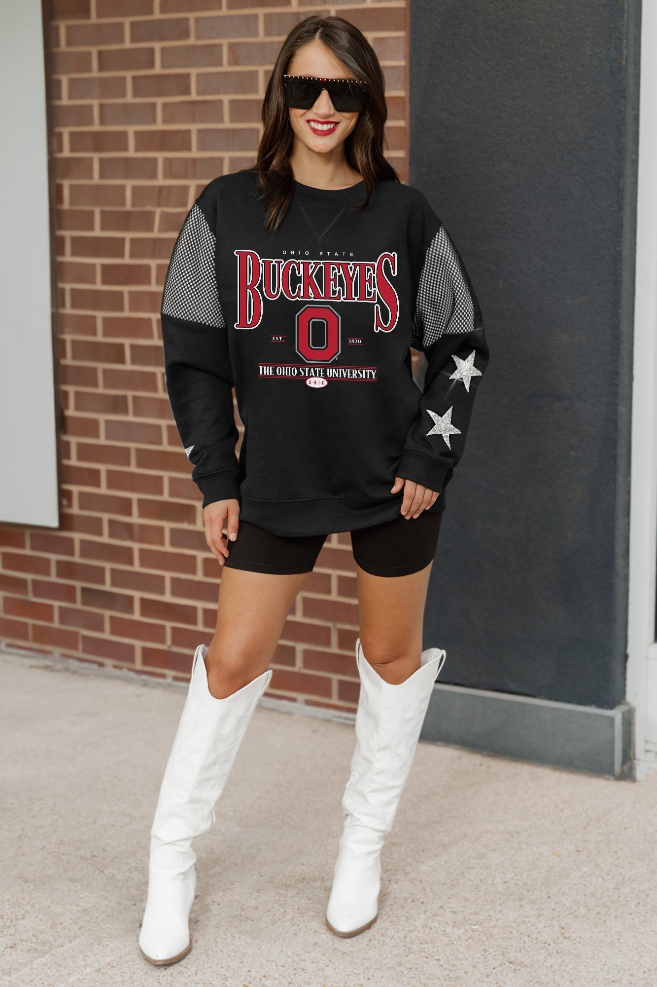 OHIO STATE BUCKEYES SHINING SPIRIT CREWNECK FLEECE PULLOVER WITH CONTRASTING JERSEY MESH SHOULDER INSERTS, RHINESTUD STARS, AND RIBBED CUFFS AND WAISTBAND