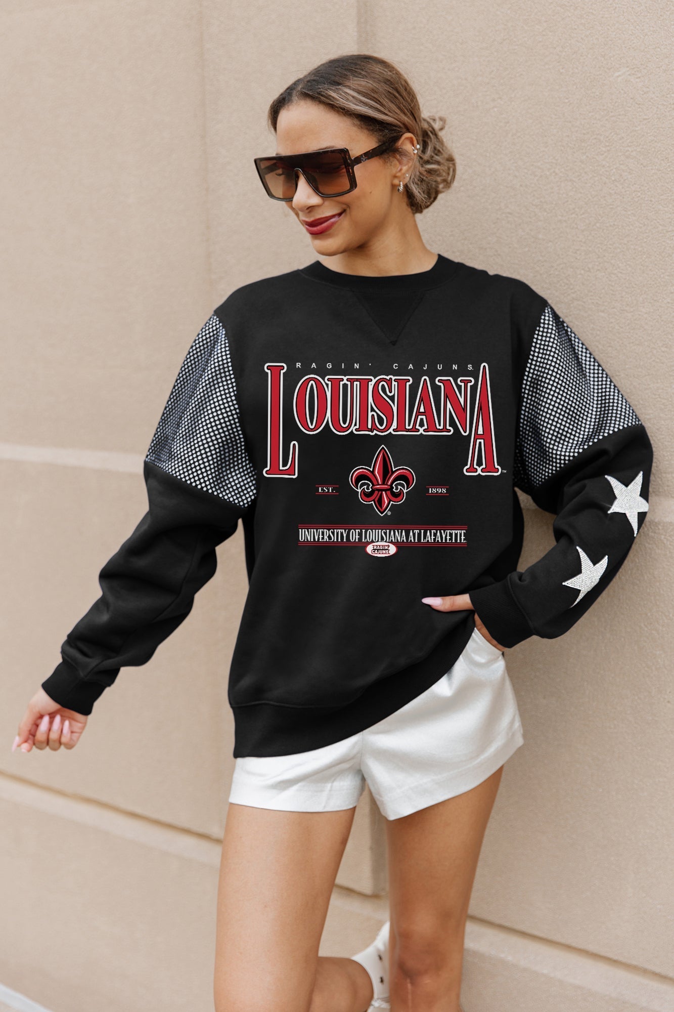 LOUISIANA RAGIN' CAJUNS SHINING SPIRIT CREWNECK FLEECE PULLOVER WITH CONTRASTING JERSEY MESH SHOULDER INSERTS, RHINESTUD STARS, AND RIBBED CUFFS AND WAISTBAND