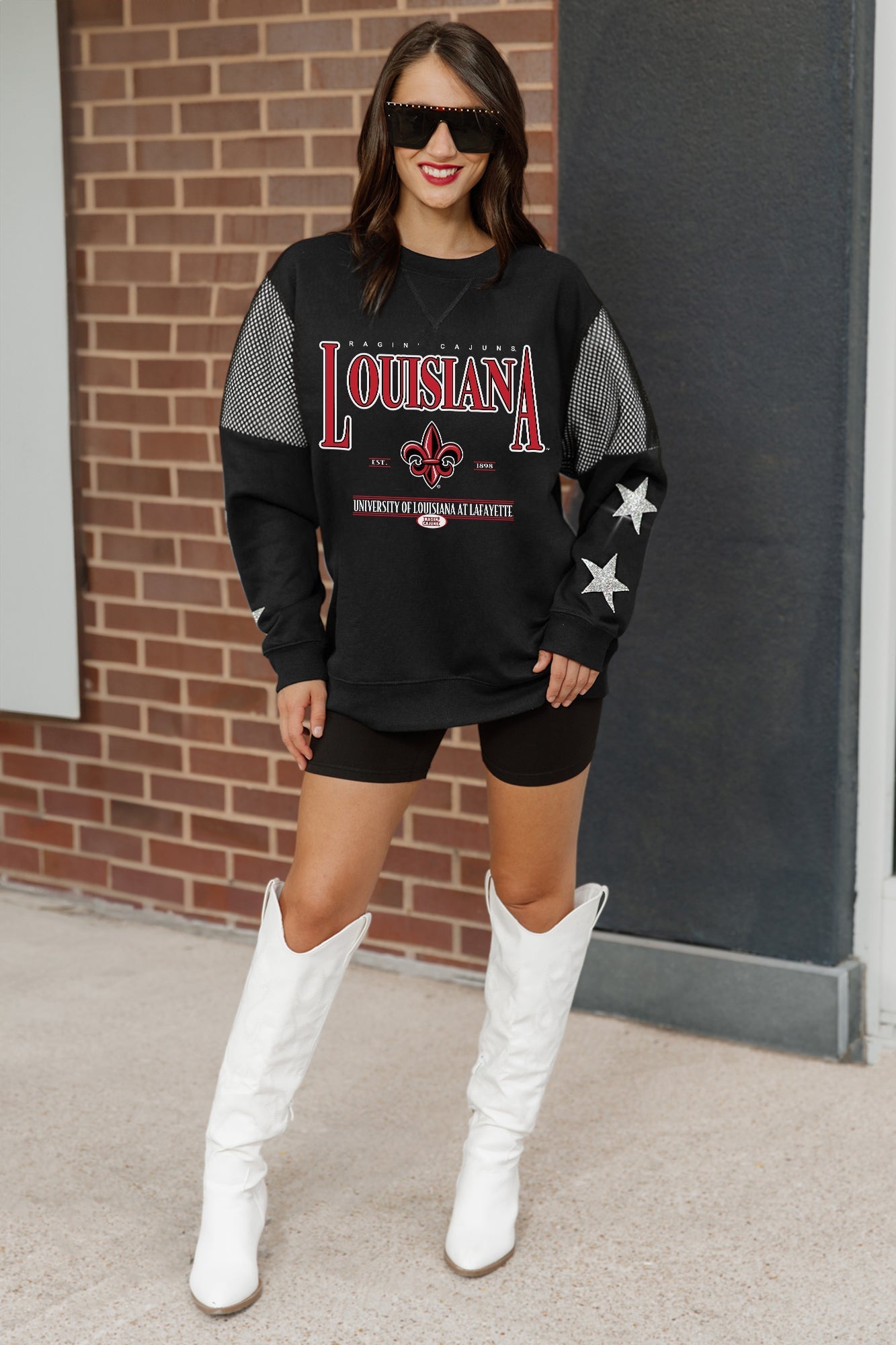 LOUISIANA RAGIN' CAJUNS SHINING SPIRIT CREWNECK FLEECE PULLOVER WITH CONTRASTING JERSEY MESH SHOULDER INSERTS, RHINESTUD STARS, AND RIBBED CUFFS AND WAISTBAND