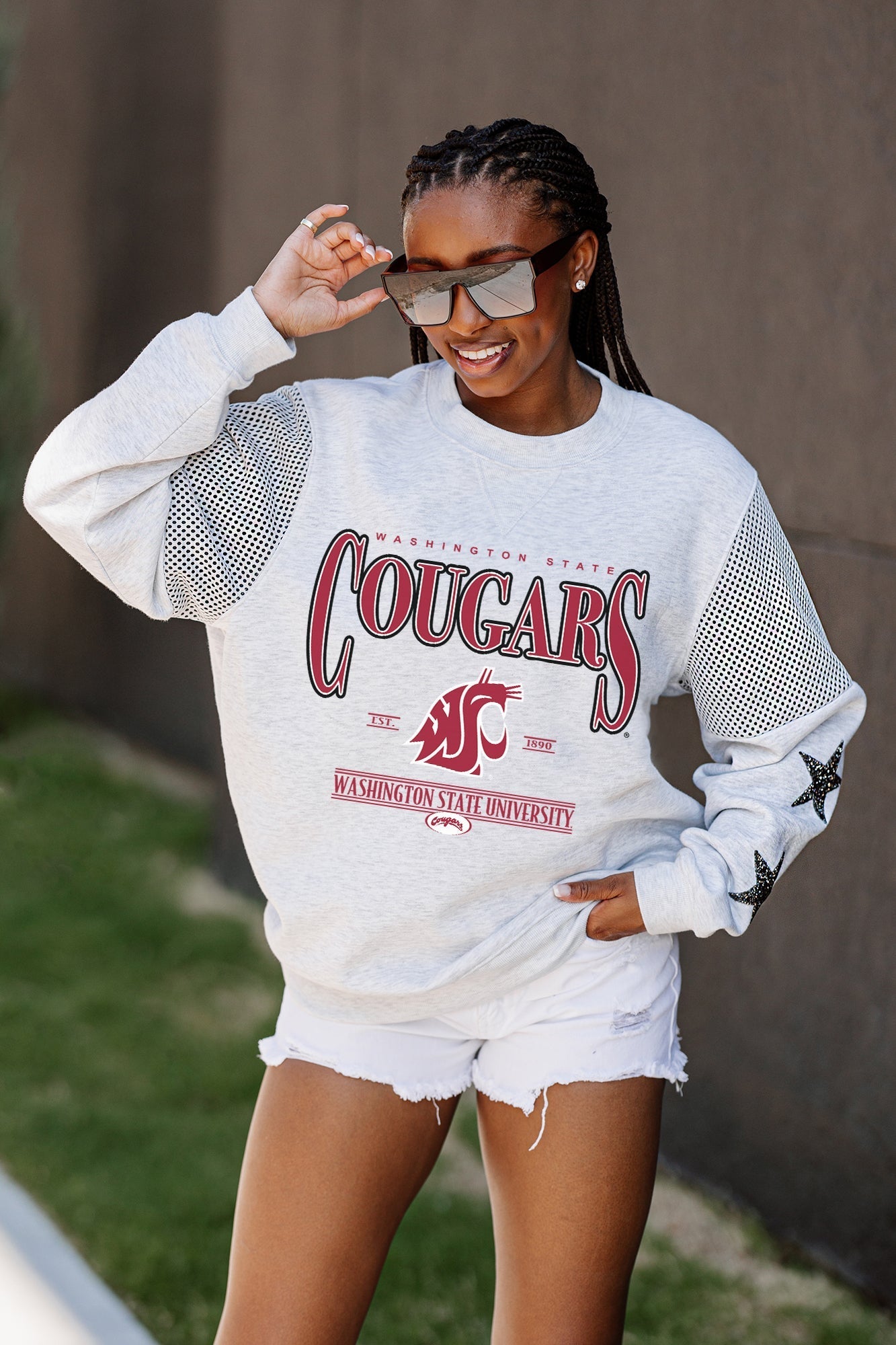 WASHINGTON STATE COUGARS SHINING SPIRIT CREWNECK FLEECE PULLOVER WITH CONTRASTING JERSEY MESH SHOULDER INSERTS, RHINESTUD STARS, AND RIBBED CUFFS AND WAISTBAND