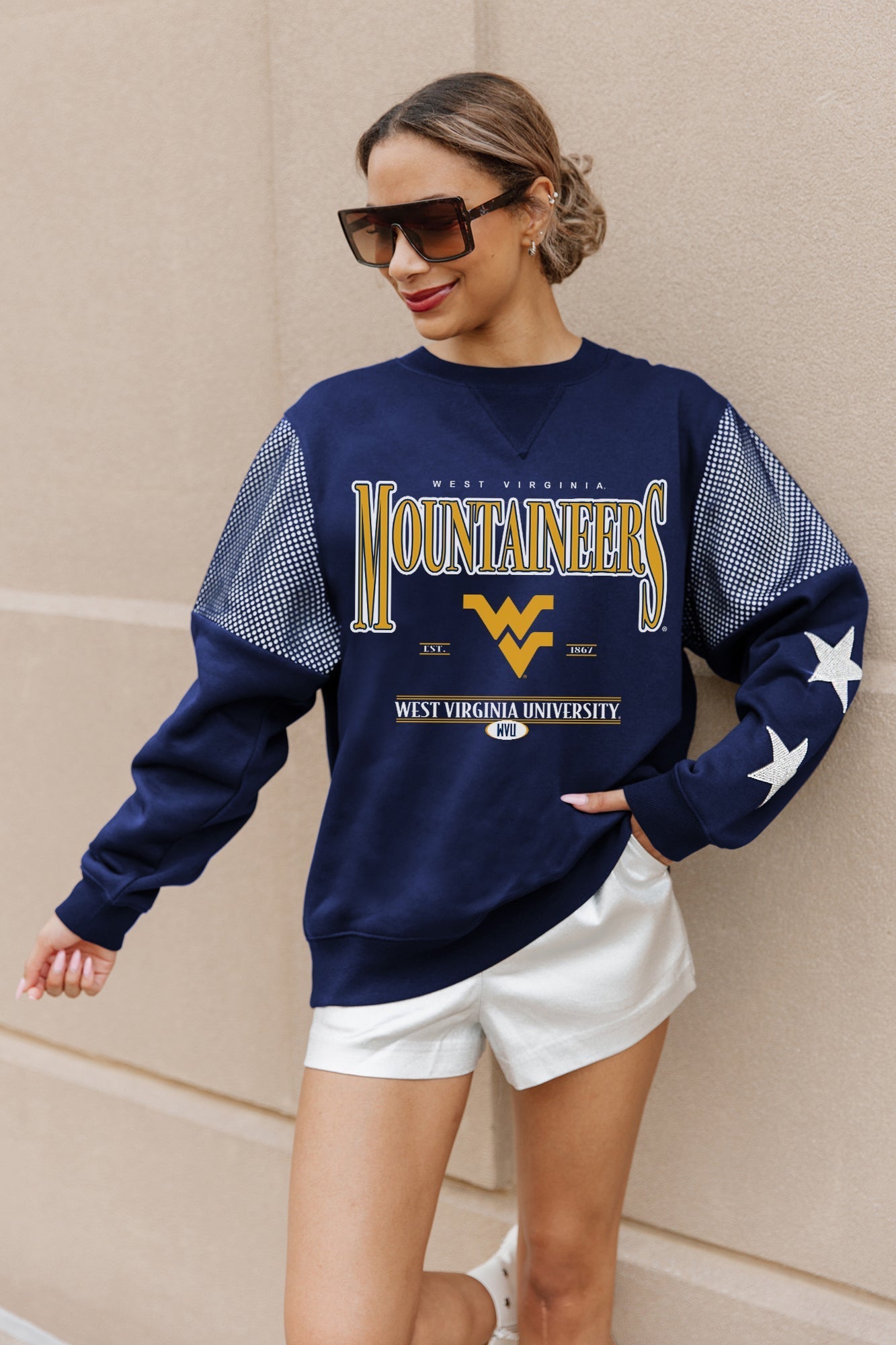 WEST VIRGINIA MOUNTAINEERS SHINING SPIRIT CREWNECK FLEECE PULLOVER WITH CONTRASTING JERSEY MESH SHOULDER INSERTS, RHINESTUD STARS, AND RIBBED CUFFS AND WAISTBAND
