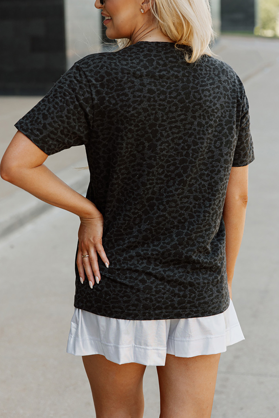 Fall Thanksgiving Bonfires Pumpkins Sweaters Football Womens Leopard Graphic Short Sleeve Crewneck Tee