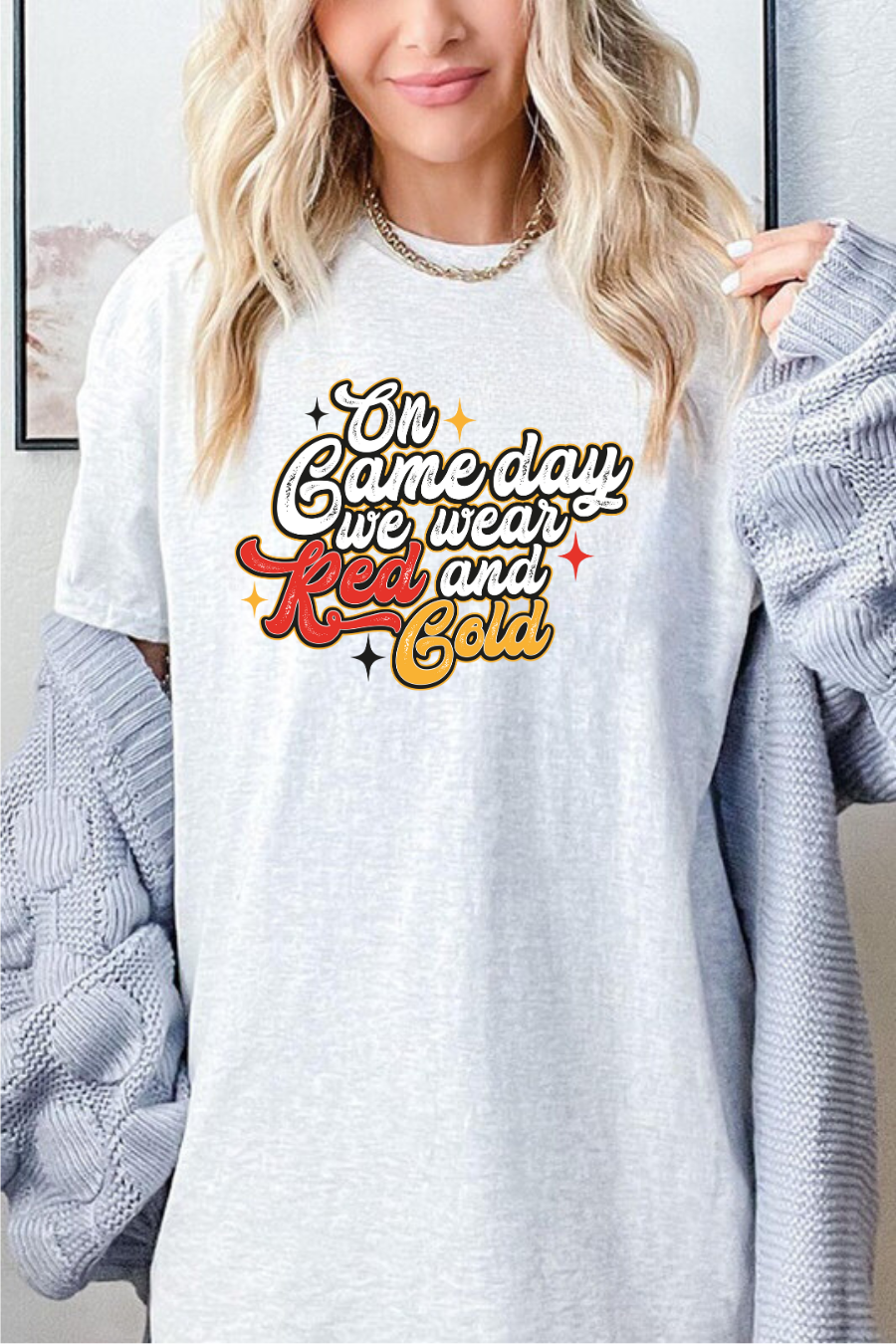 Football On Game Day We Wear Red and Gold womens short sleeve crewneck graphic tee