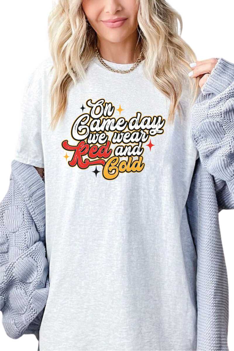 Football On Game Day We Wear Red and Gold womens short sleeve crewneck graphic tee