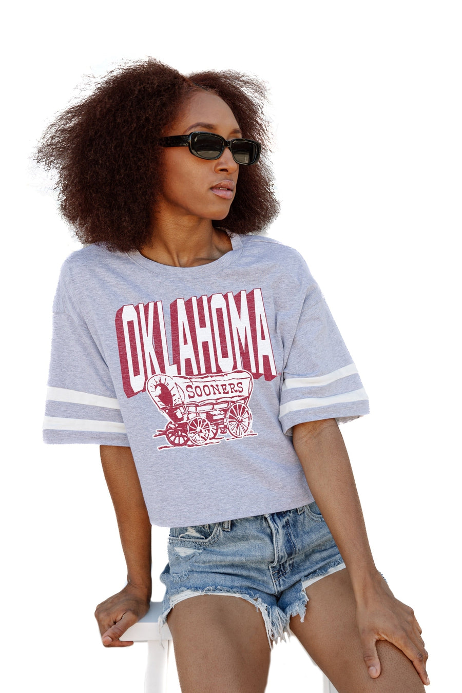 OKLAHOMA SOONERS NO SHORTCUTS DROP SHOULDER MID-CROP TEE