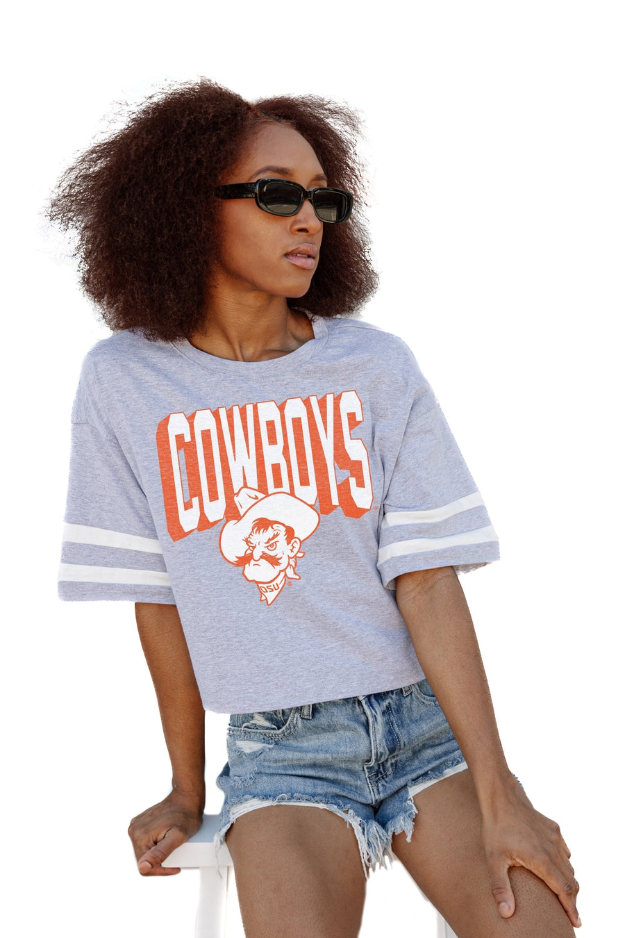 OKLAHOMA STATE COWBOYS NO SHORTCUTS DROP SHOULDER MID-CROP TEE