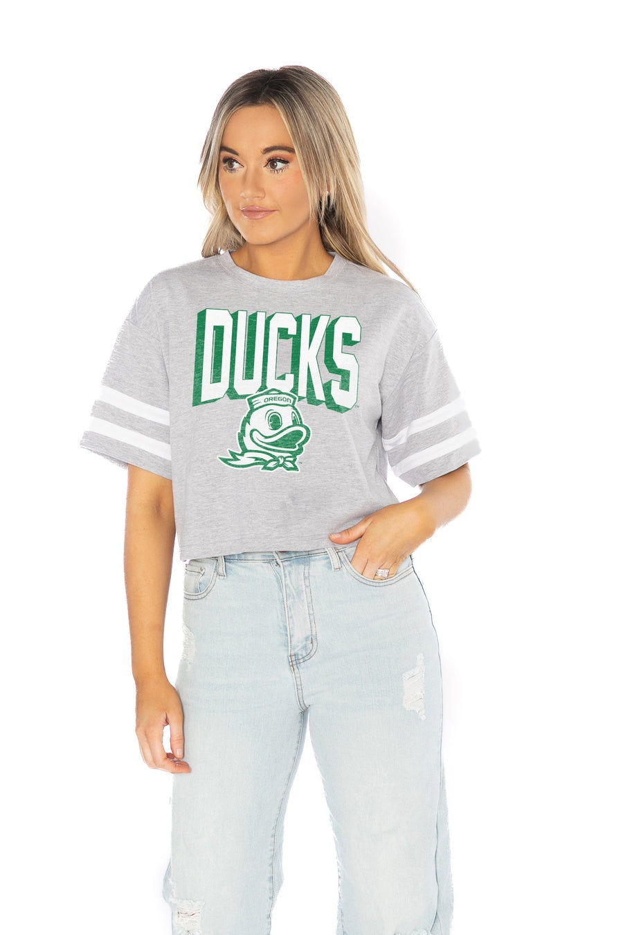 OREGON DUCKS NO SHORTCUTS DROP SHOULDER MID-CROP TEE