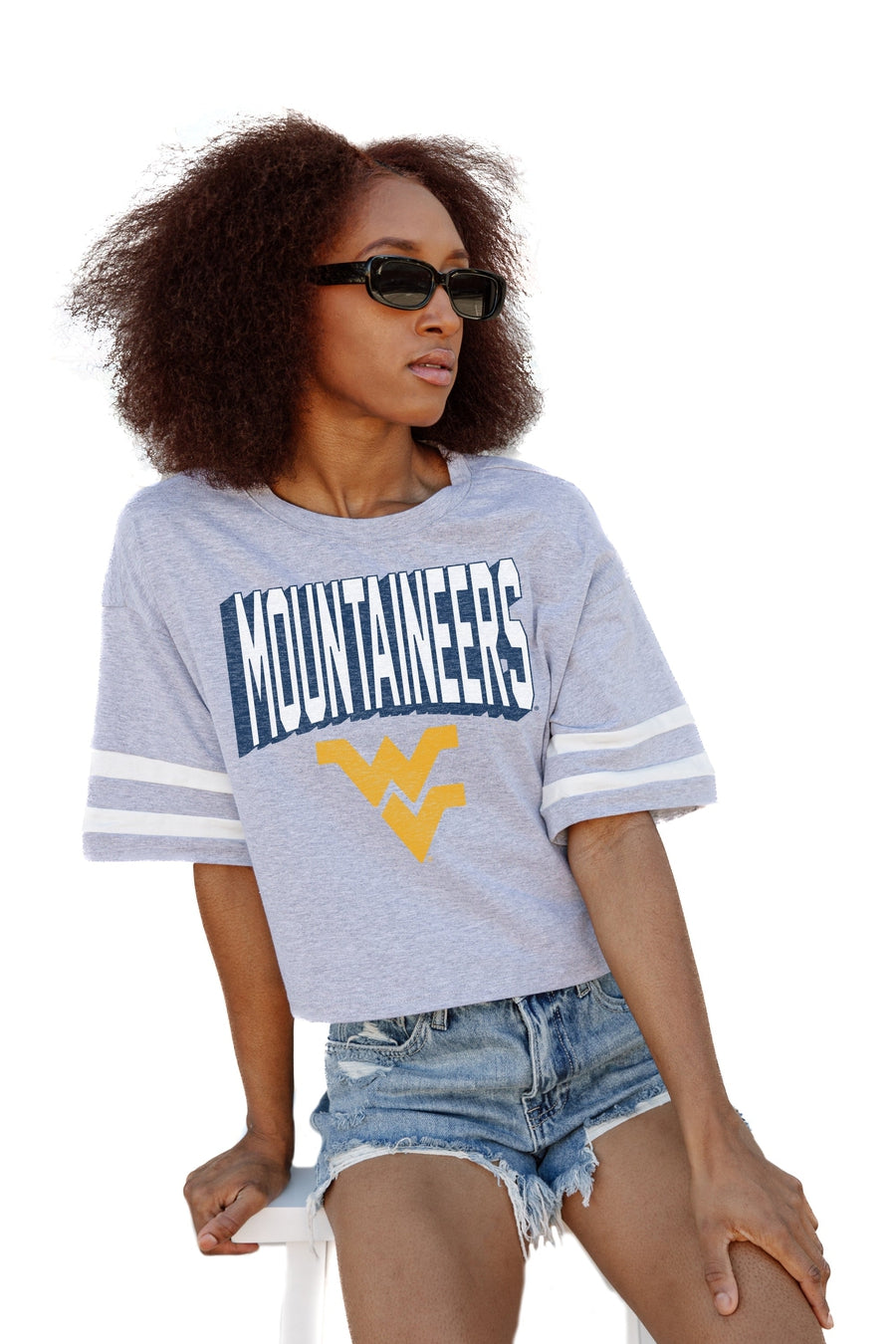 WEST VIRGINIA MOUNTAINEERS NO SHORTCUTS DROP SHOULDER MID-CROP TEE