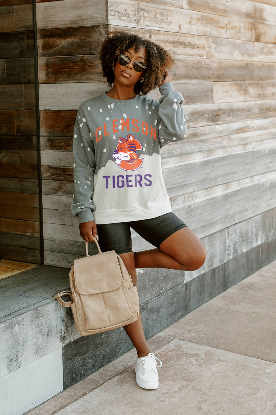 CLEMSON TIGERS UPCYCLE AND VINTAGE FADED WASH CREWNECK PULLOVER