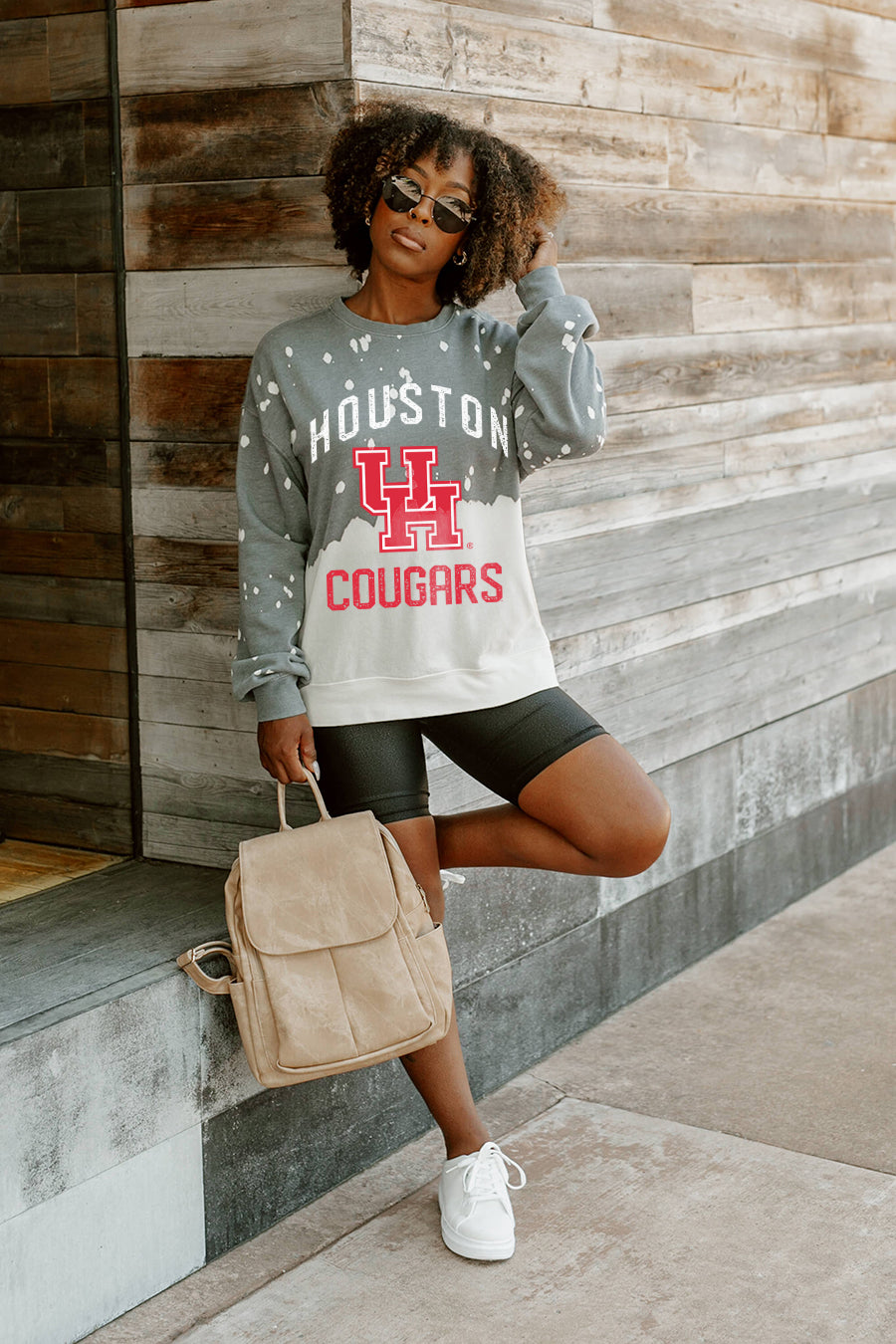 HOUSTON COUGARS UPCYCLE AND VINTAGE FADED WASH CREWNECK PULLOVER