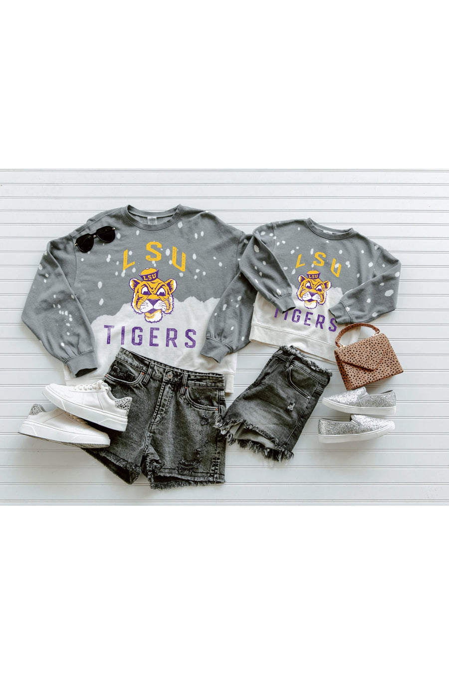 LSU TIGERS UPCYCLE AND VINTAGE FADED WASH CREWNECK PULLOVER