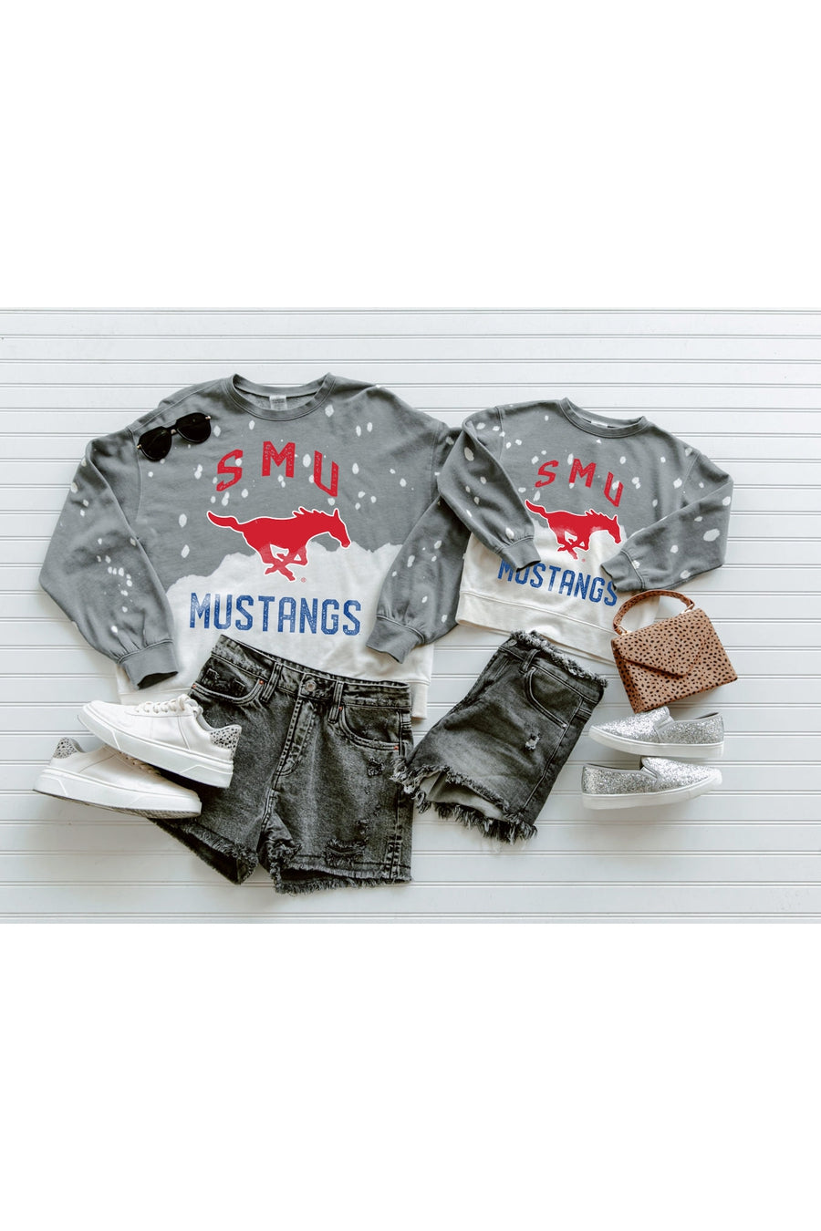 SMU MUSTANGS UPCYCLE AND VINTAGE FADED WASH CREWNECK PULLOVER