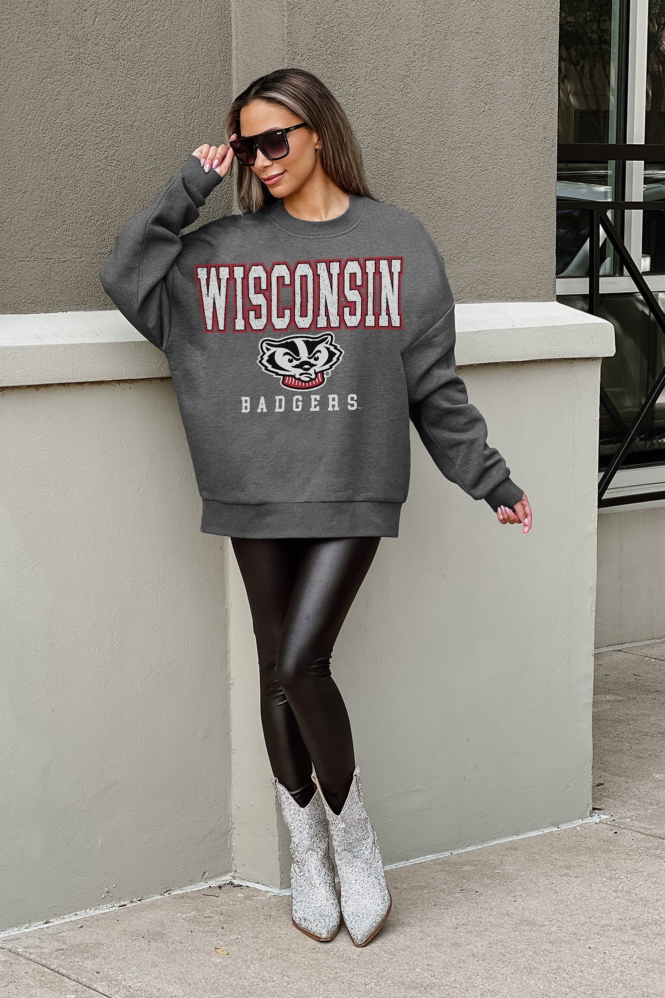 WISCONSIN BADGERS EASY STREET PREMIUM FLEECE DROP SHOULDER CREWNECK PULLOVER