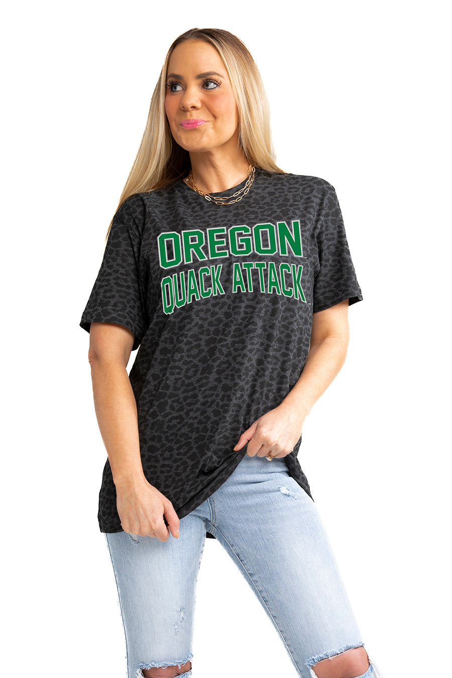 OREGON DUCKS "FAN FAVORITE" LEOPARD STANDARD FIT CREW NECK TEE