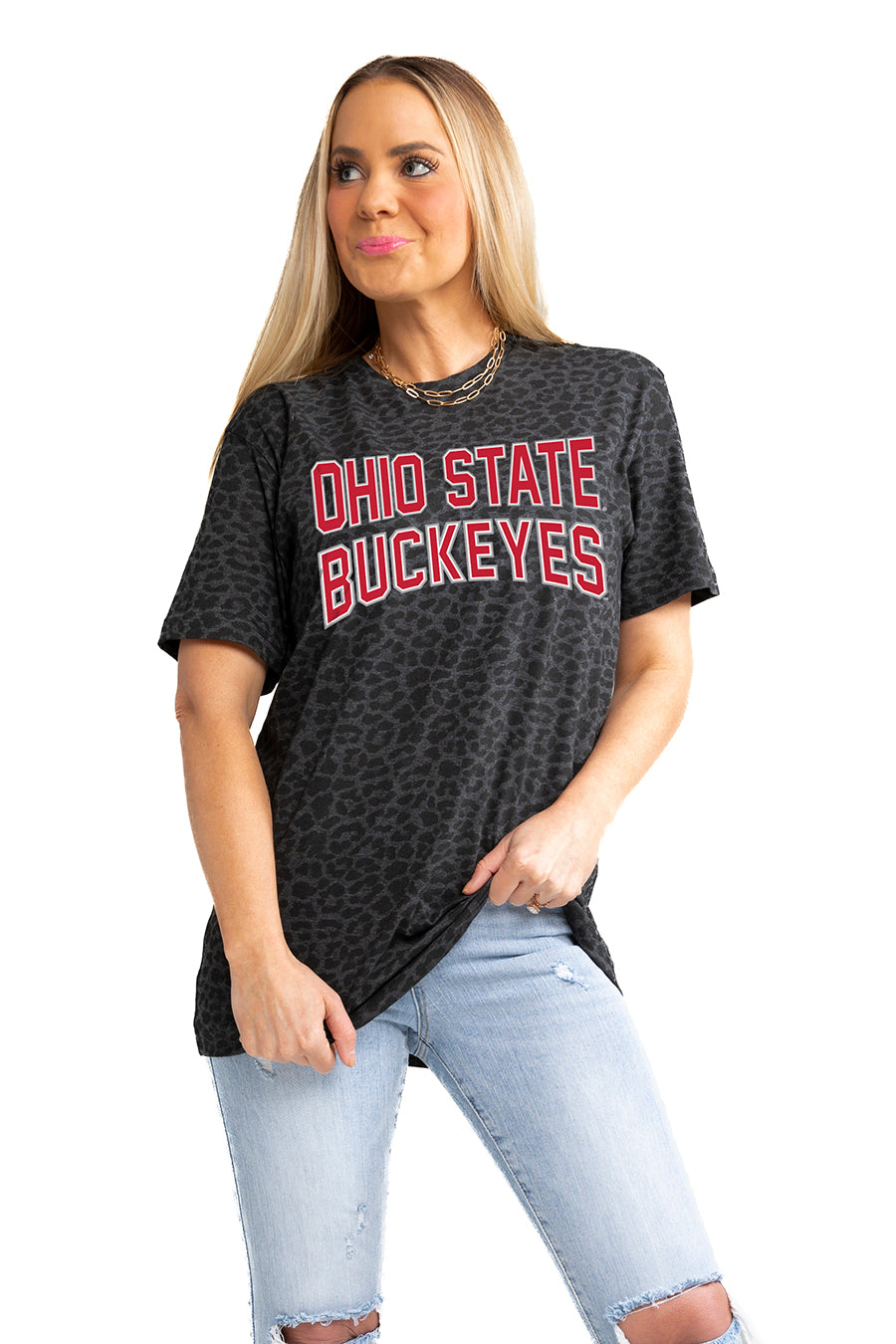 OHIO STATE BUCKEYES "FAN FAVORITE" LEOPARD STANDARD FIT CREW NECK TEE
