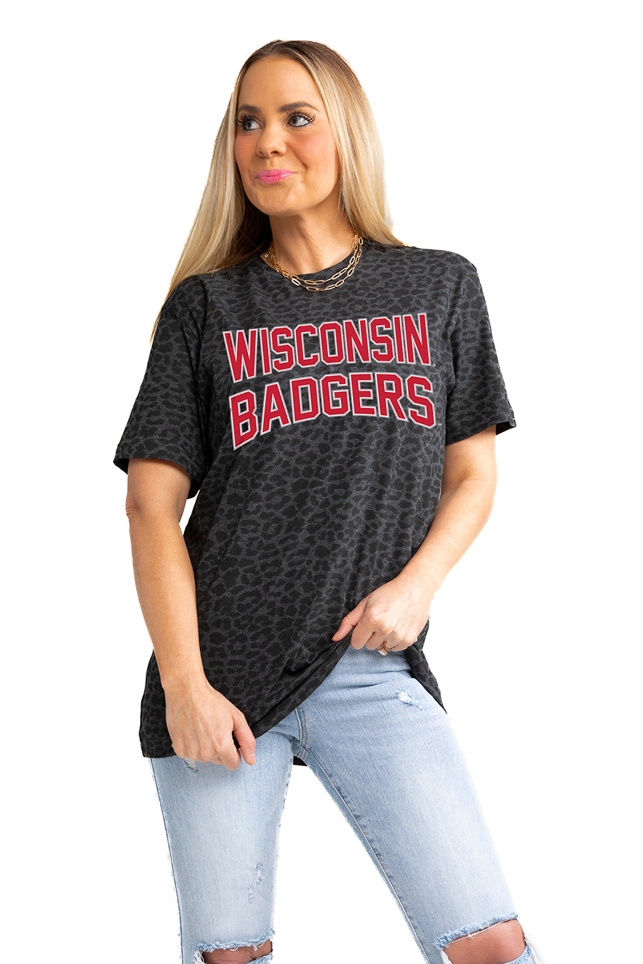 WISCONSIN BADGERS "FAN FAVORITE" LEOPARD STANDARD FIT CREW NECK TEE