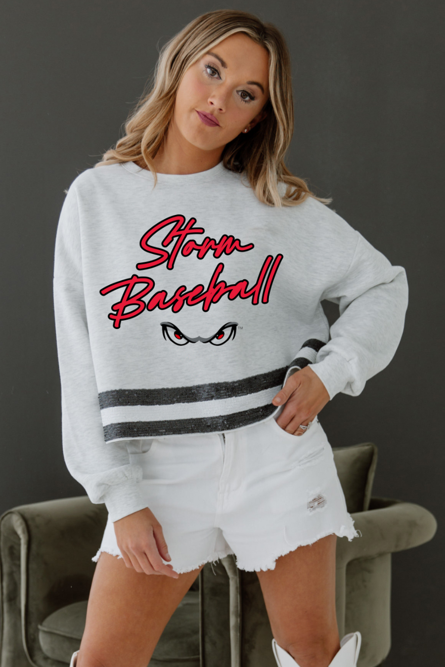 STB003-STORM BASEBALL SEQUIN TRIM CROP SWEATSHIRT