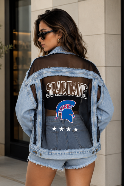 BIXBY SPARTANS DISTRESSED DENIM AND MESH JACKET